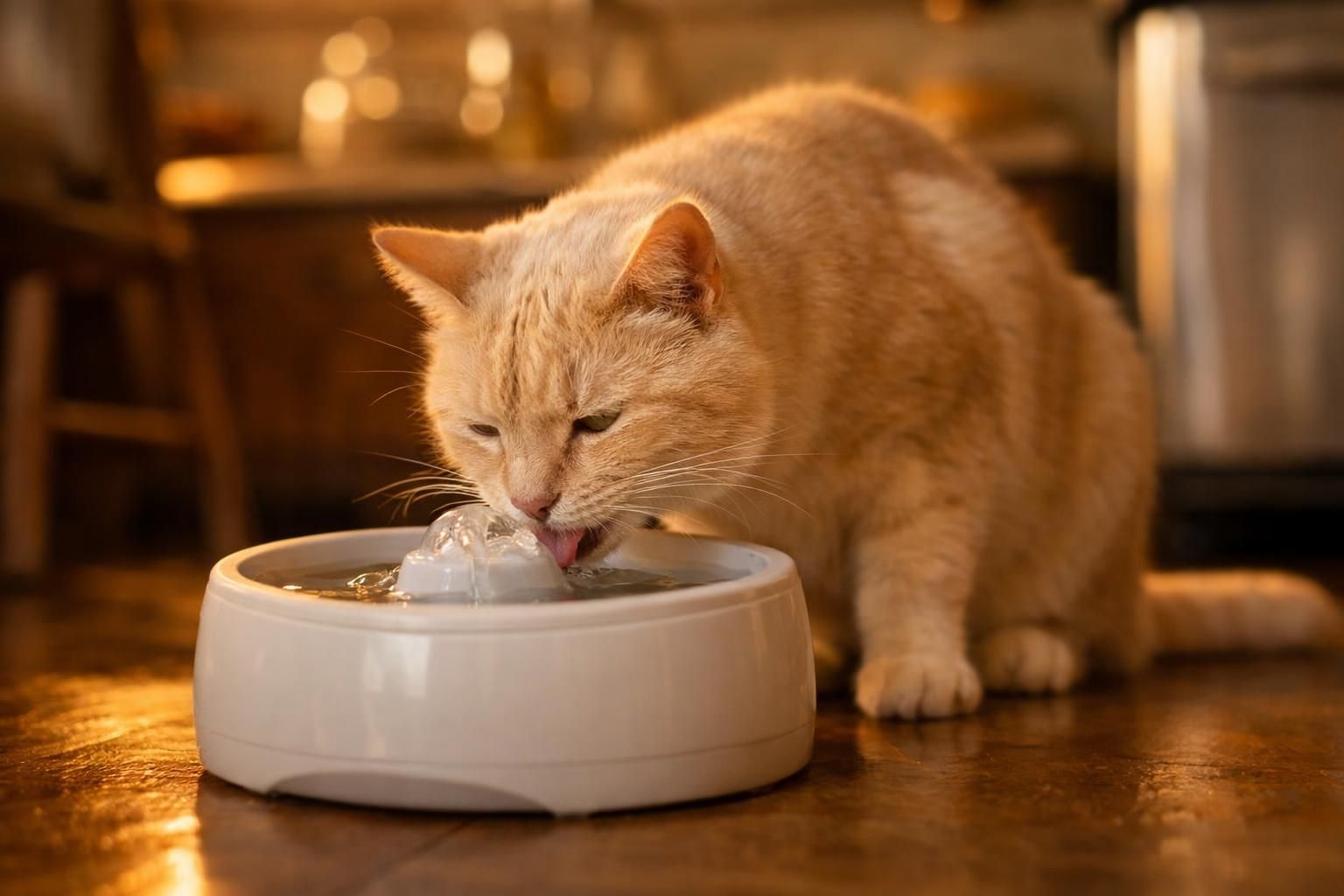 Chat crème buvant à une fontaine à eau pour bien s'hydrater