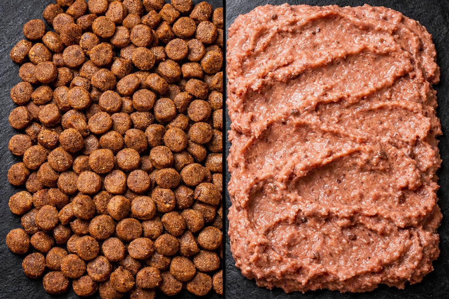 Comparatif croquettes sèches et pâtée humide pour chien vus de dessus