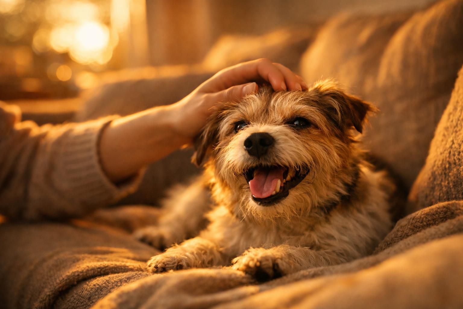 Main caressant un petit chien détendu sur un canapé