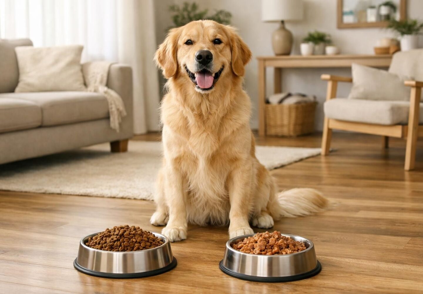 Chien devant deux gamelles croquettes et pâtée dans un salon lumineux