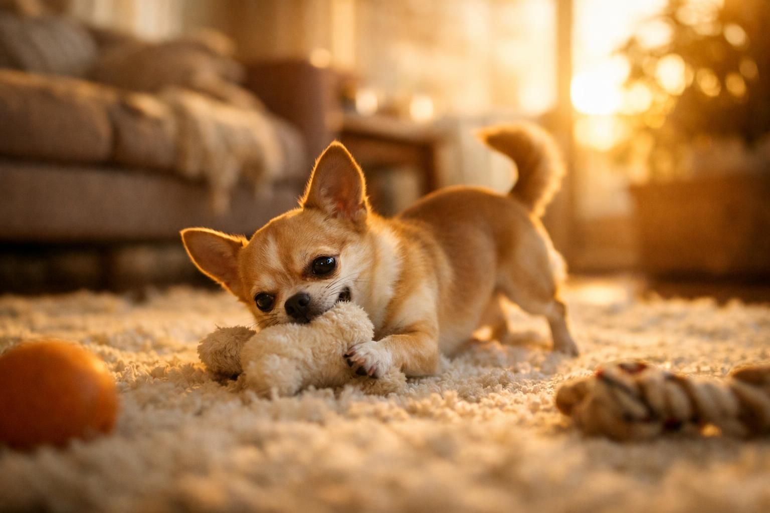 Petit chien joyeux qui joue dans un salon lumineux
