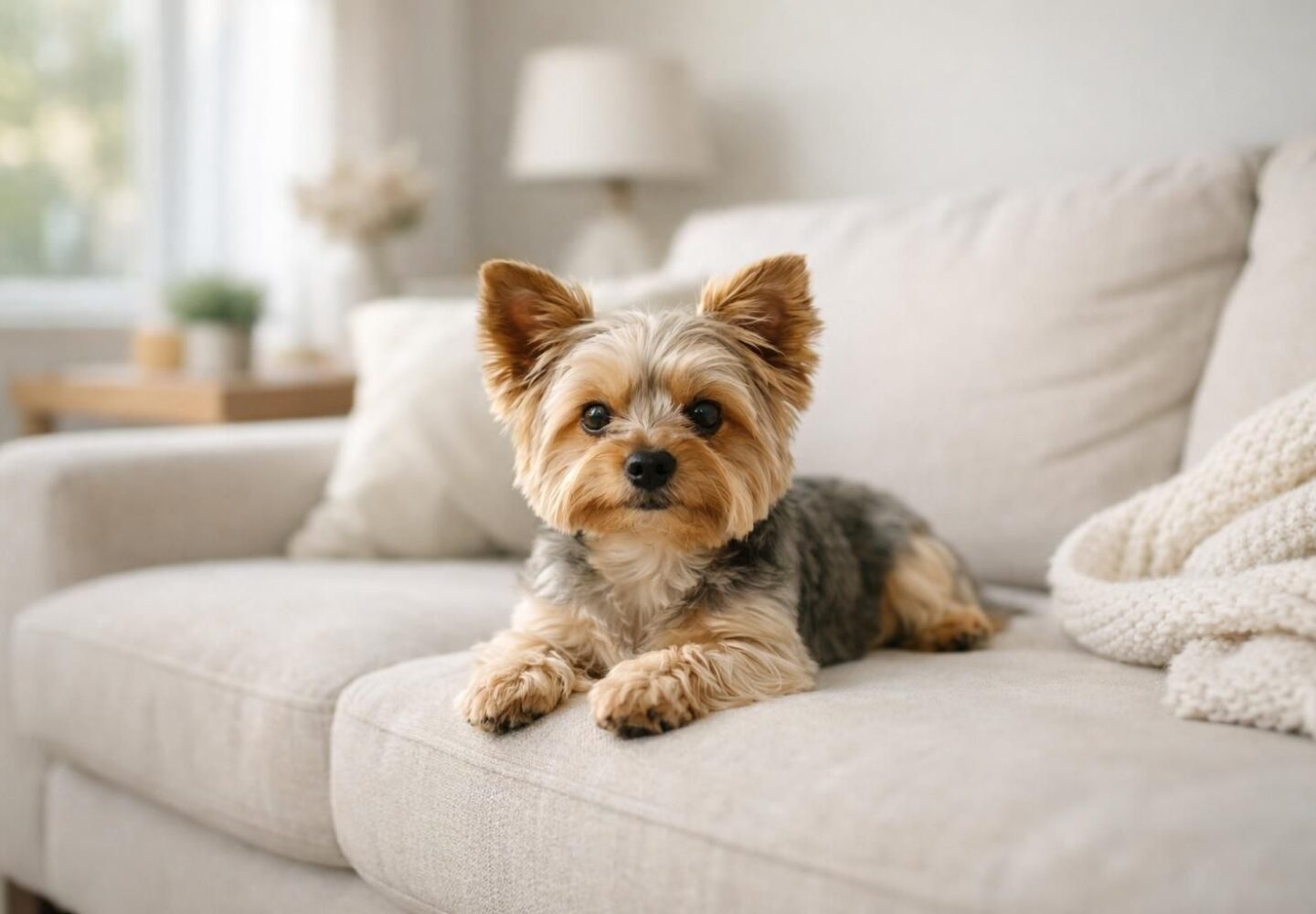 Petit chien en bonne santé installé sur un canapé lumineux