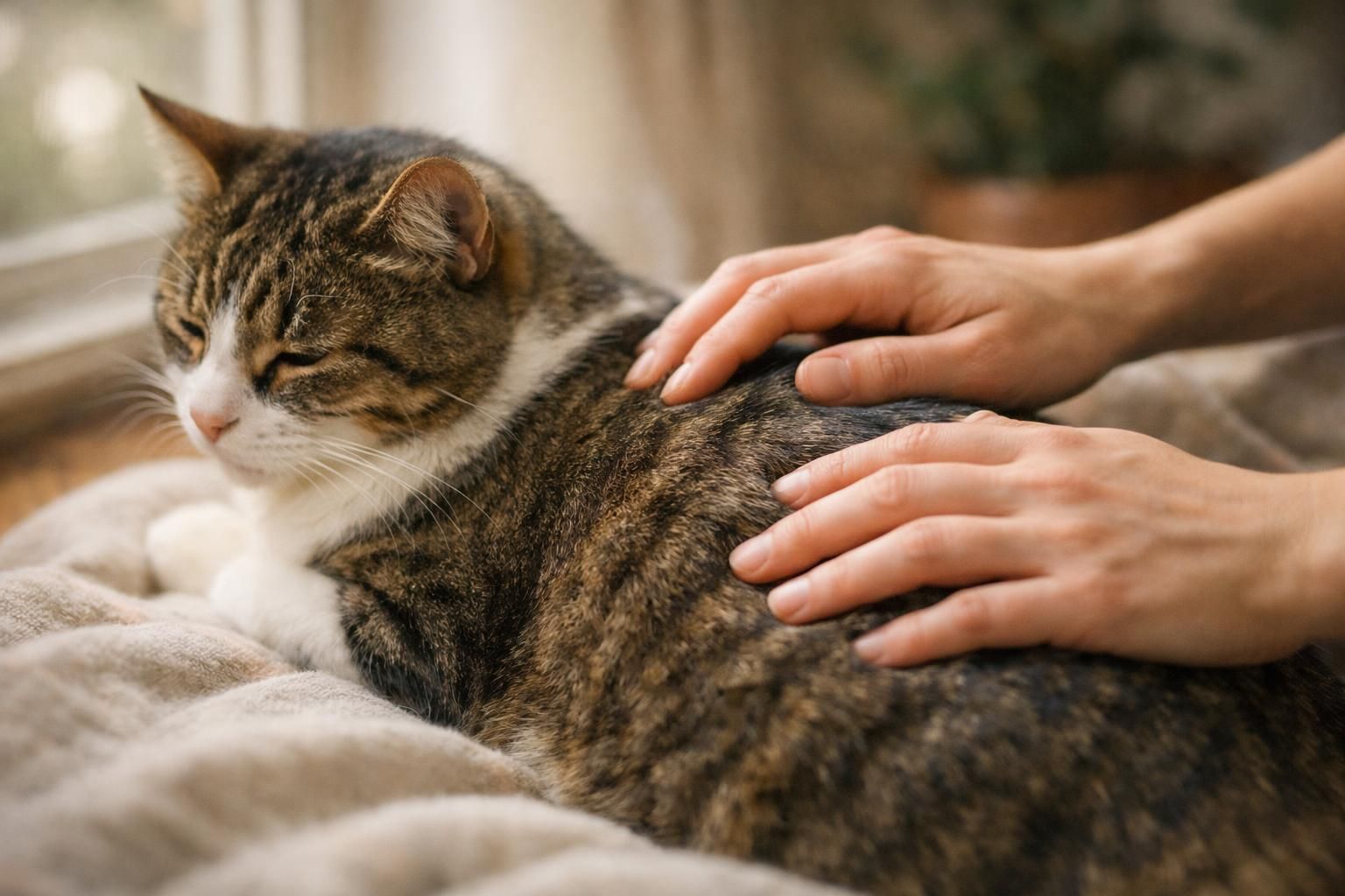 Propriétaire observant et palpant doucement le dos de son chat