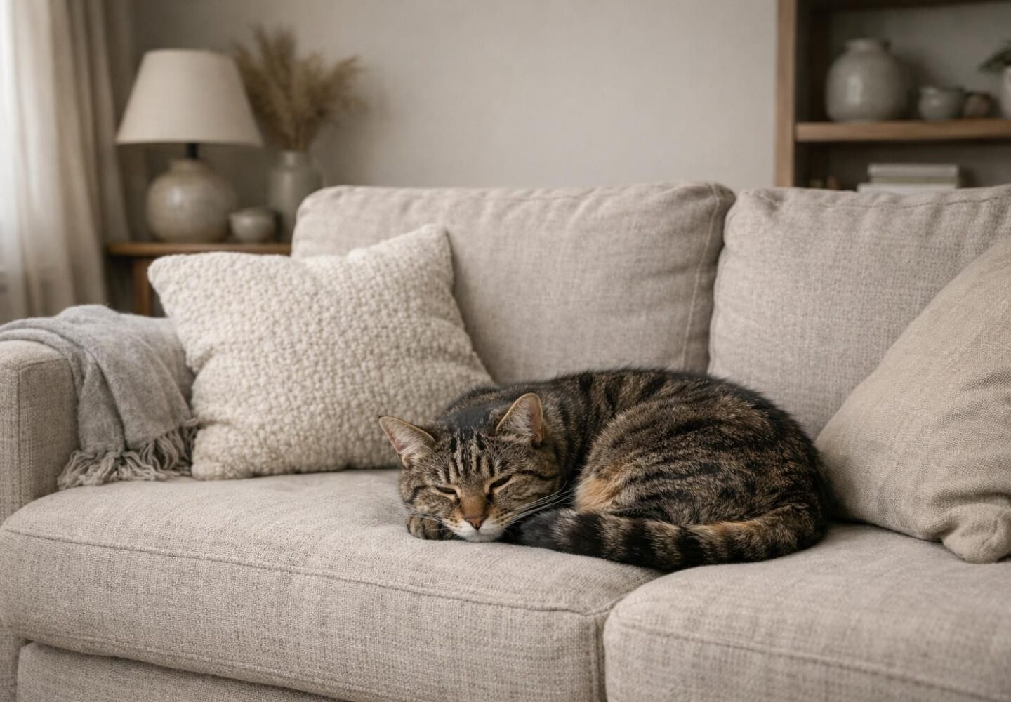 Chat au repos immobile sur un canapé, signe possible de douleur silencieuse