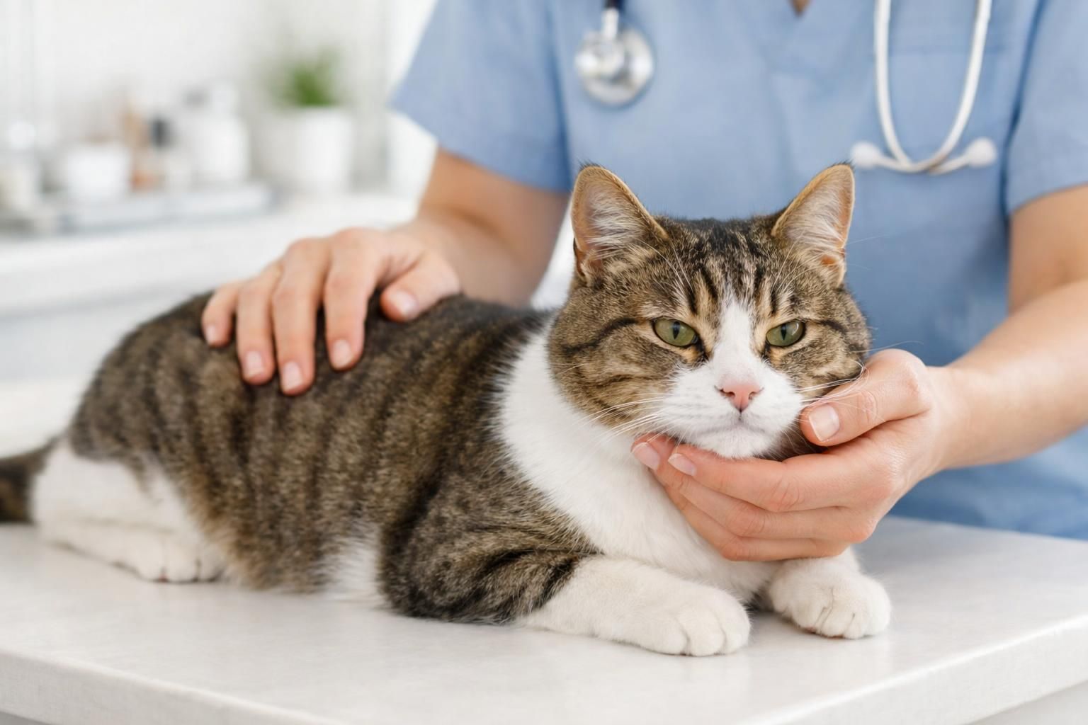 Chat examiné en douceur par un vétérinaire lors d'une consultation