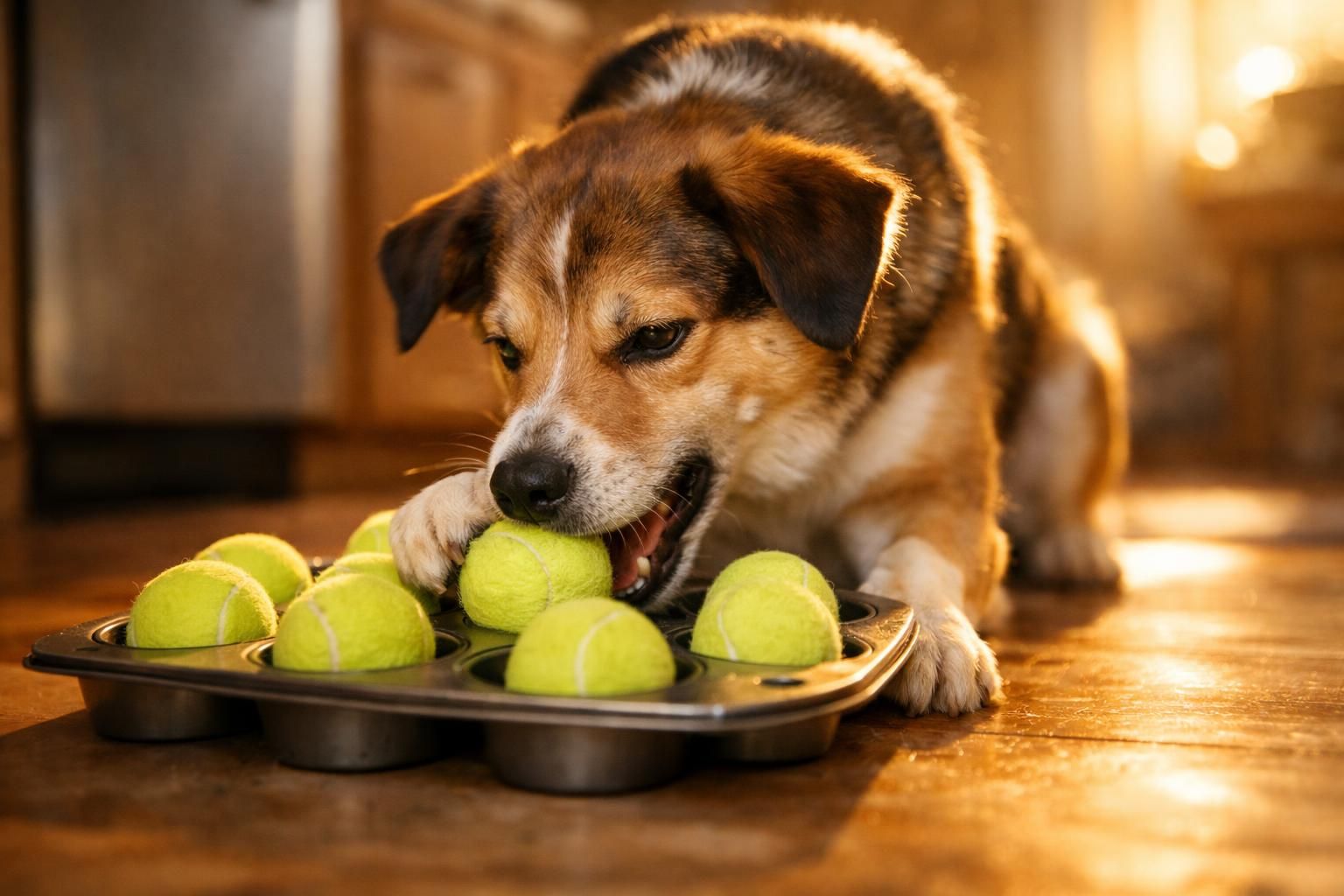 Chien jouant avec un jeu d'intelligence maison en moule à muffins et balles