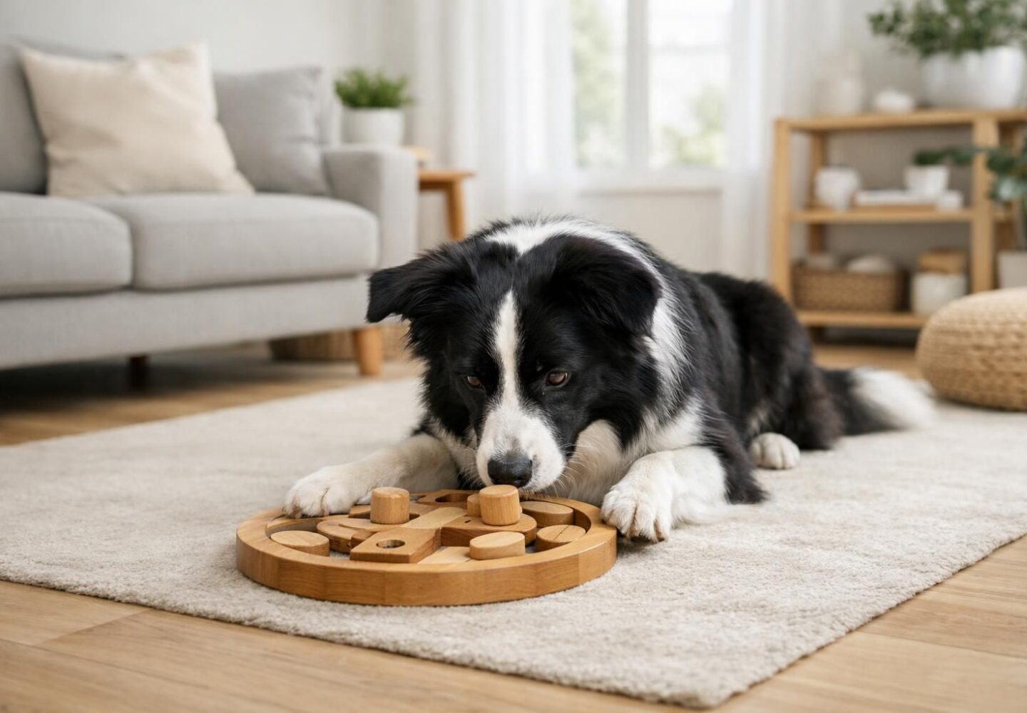 Border collie concentré sur un puzzle en bois, jeu d'intelligence pour chien