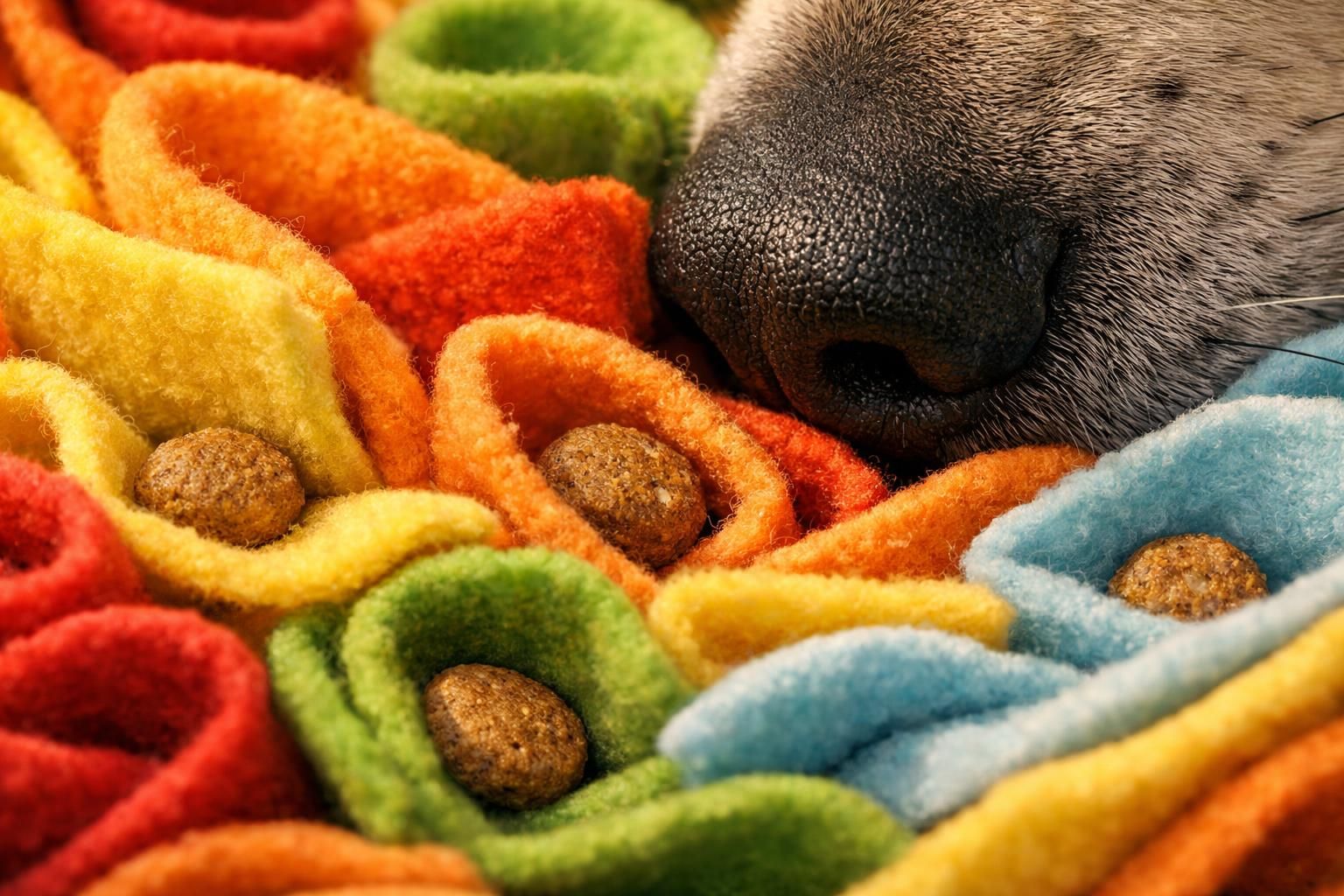 Tapis de fouille avec croquettes cachées et truffe de chien qui renifle