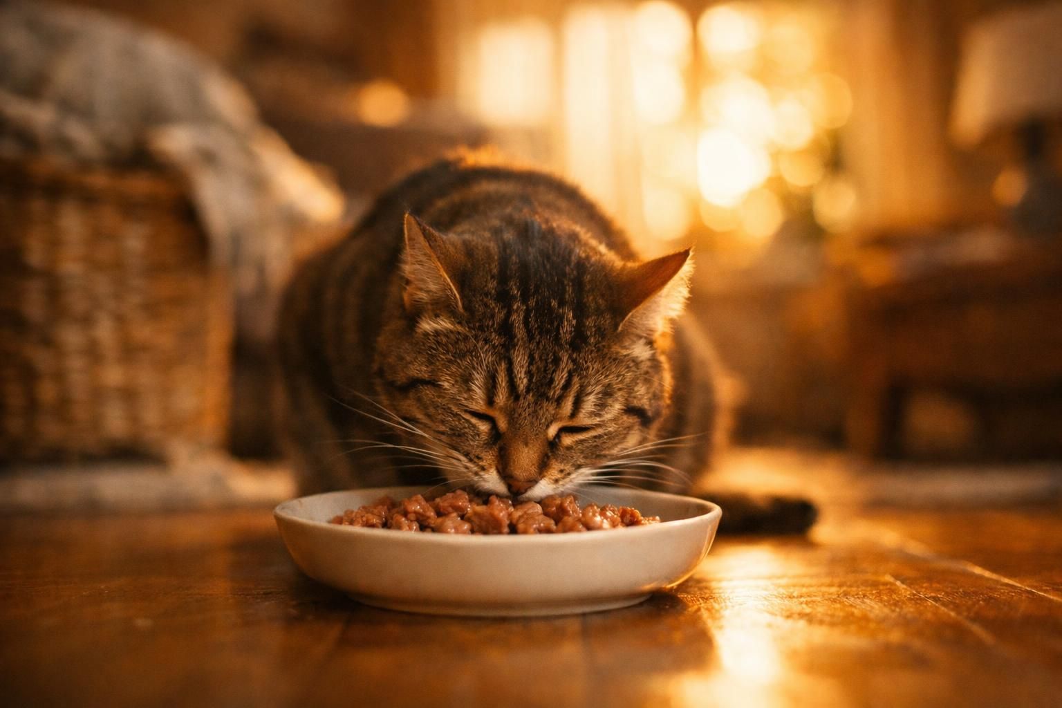 Chat dégustant avec plaisir une pâtée de qualité