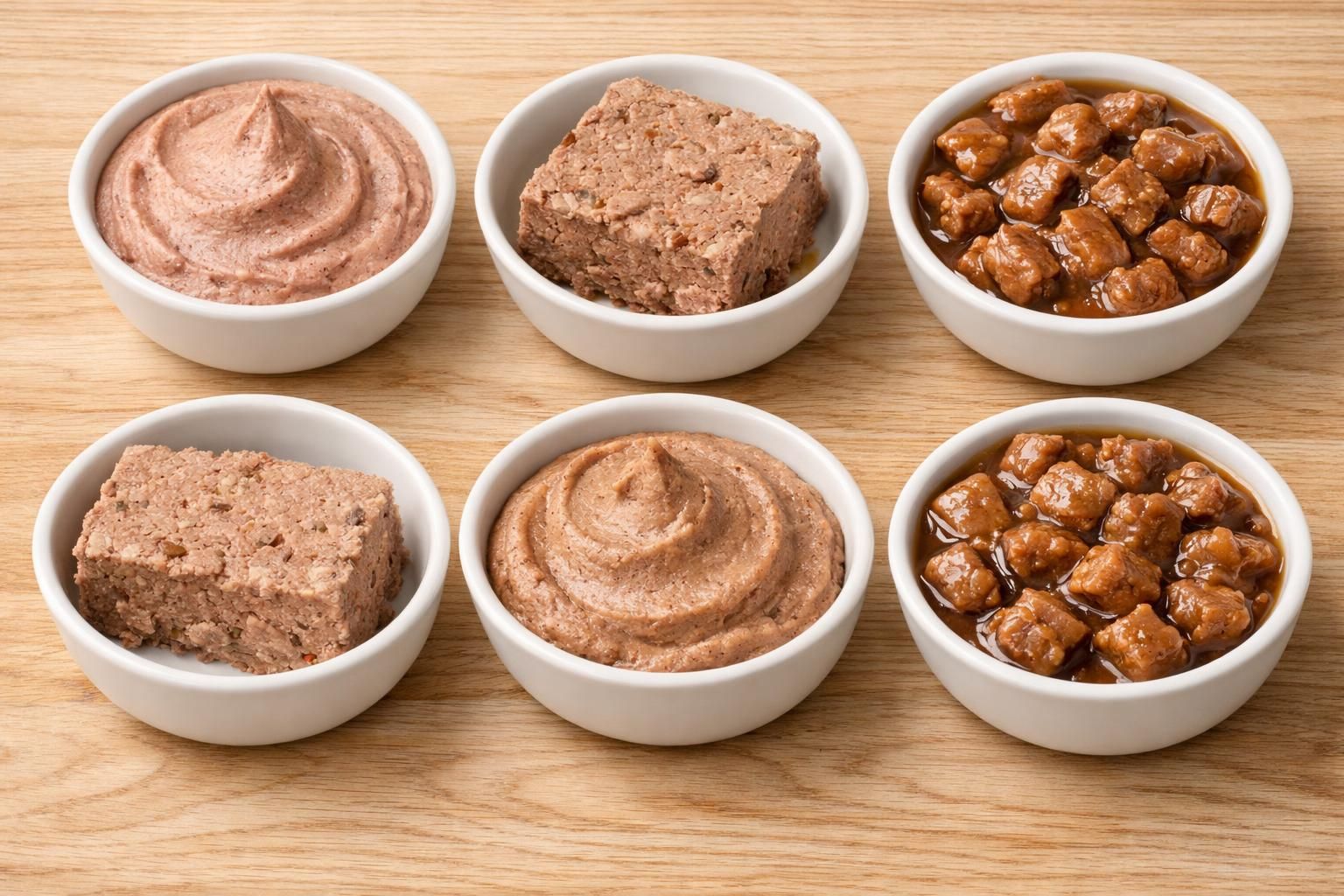 Différentes textures de pâtée pour chat : mousse, terrine, effilés en sauce