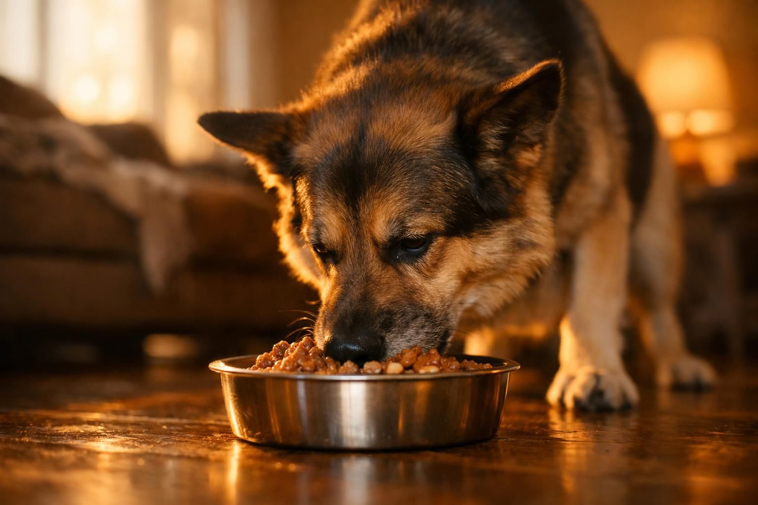 Chien mangeant avec appétit une pâtée de qualité
