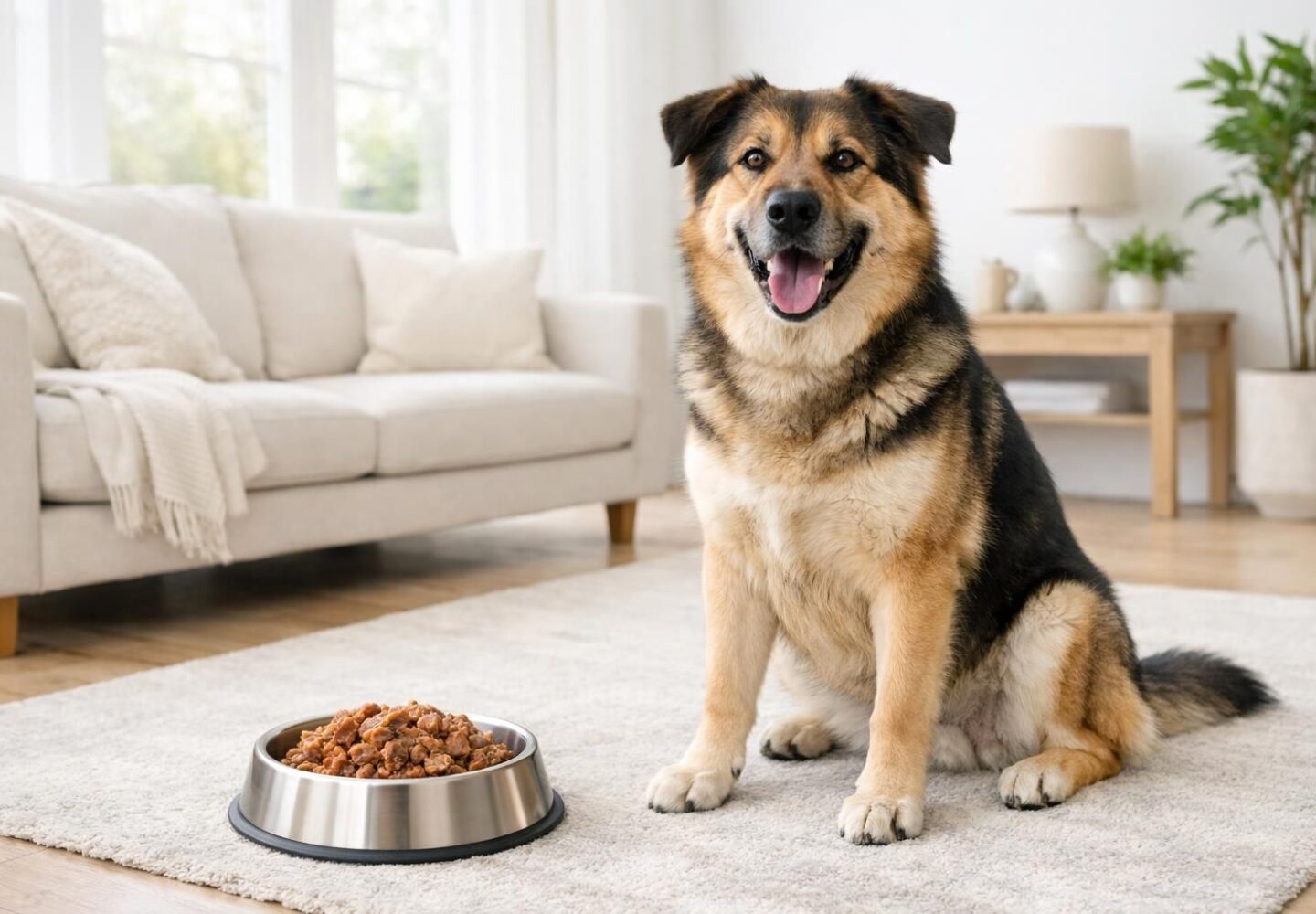 Grand chien à côté d'une gamelle de pâtée premium dans un salon lumineux