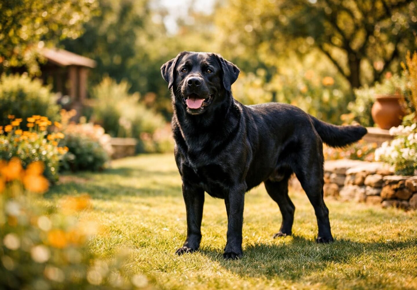 Labrador en bonne santé au poil brillant dans un jardin ensoleillé
