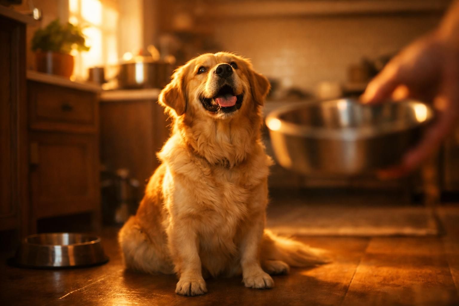 Chien attendant son repas avec impatience dans la cuisine