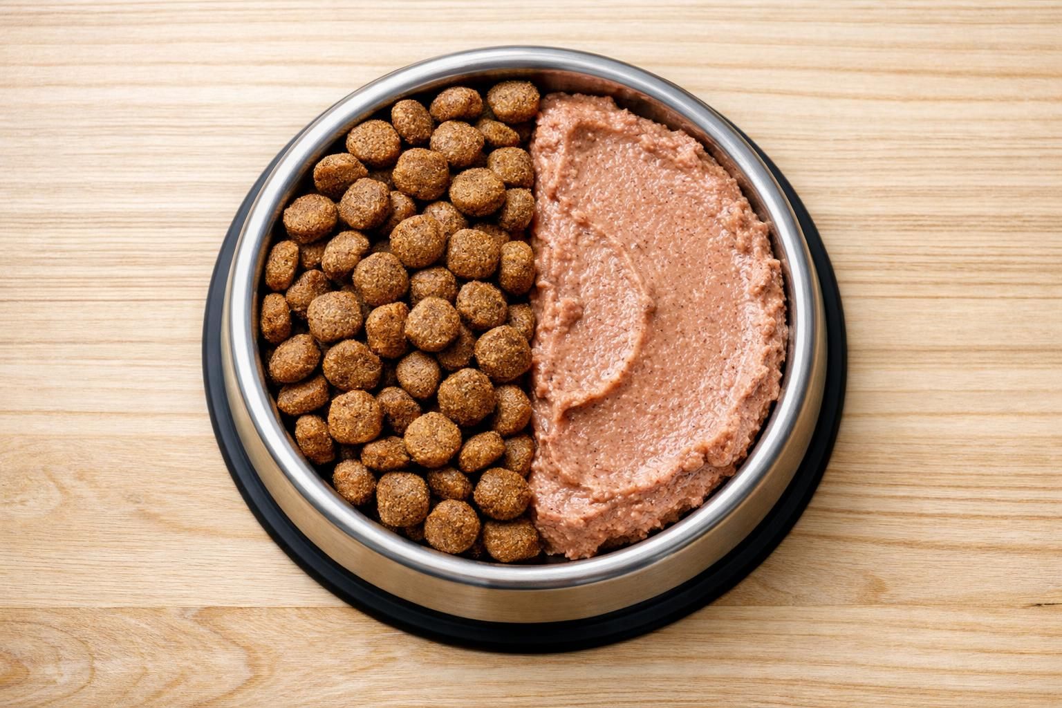 Gamelle avec croquettes et pâtée dosées côte à côte vue de dessus