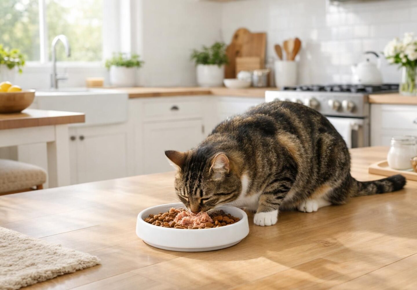 Chat mangeant un repas mixte croquettes et pâtée dans sa gamelle