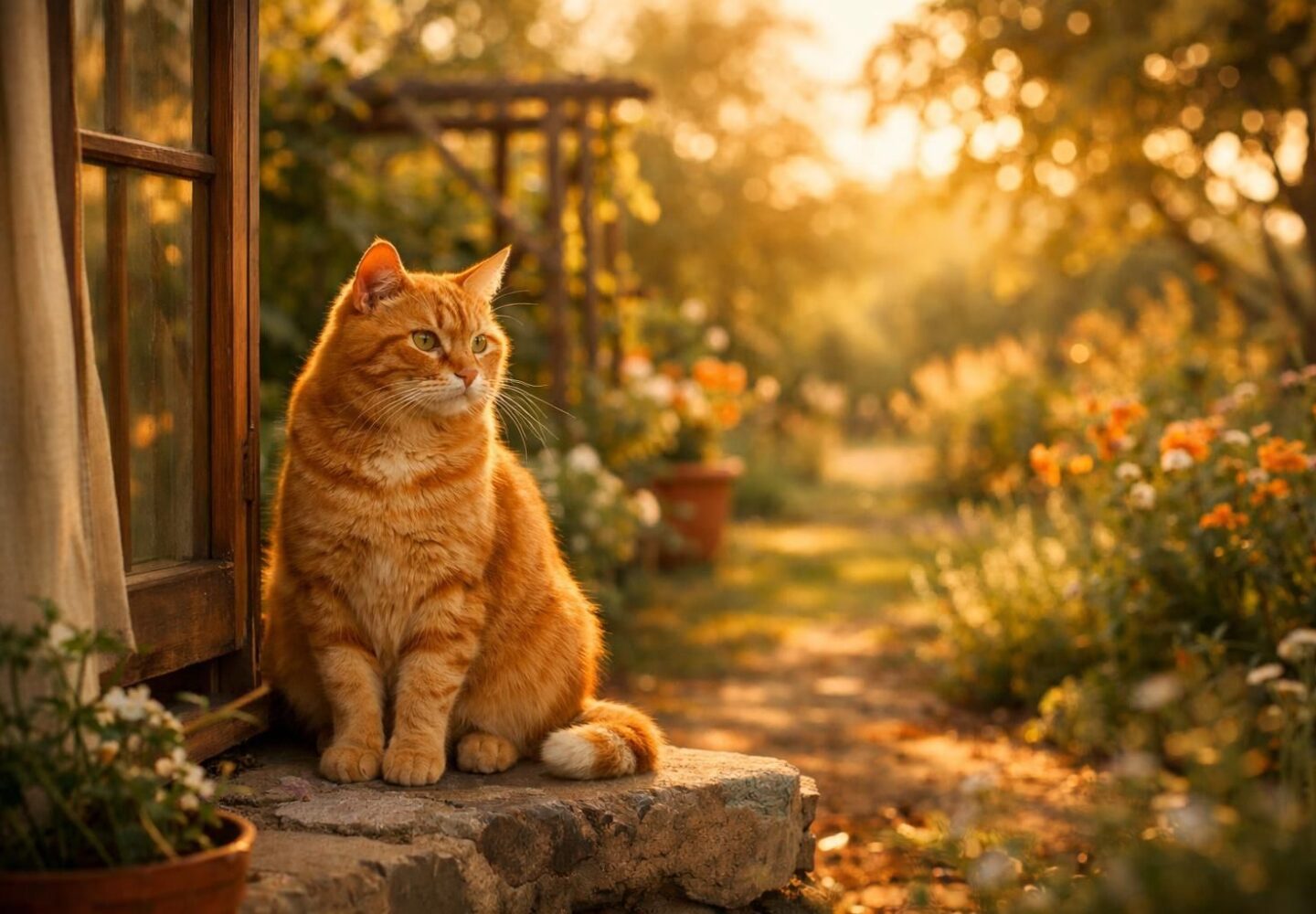 Chat roux en bonne santé détendu près d'une fenêtre au jardin