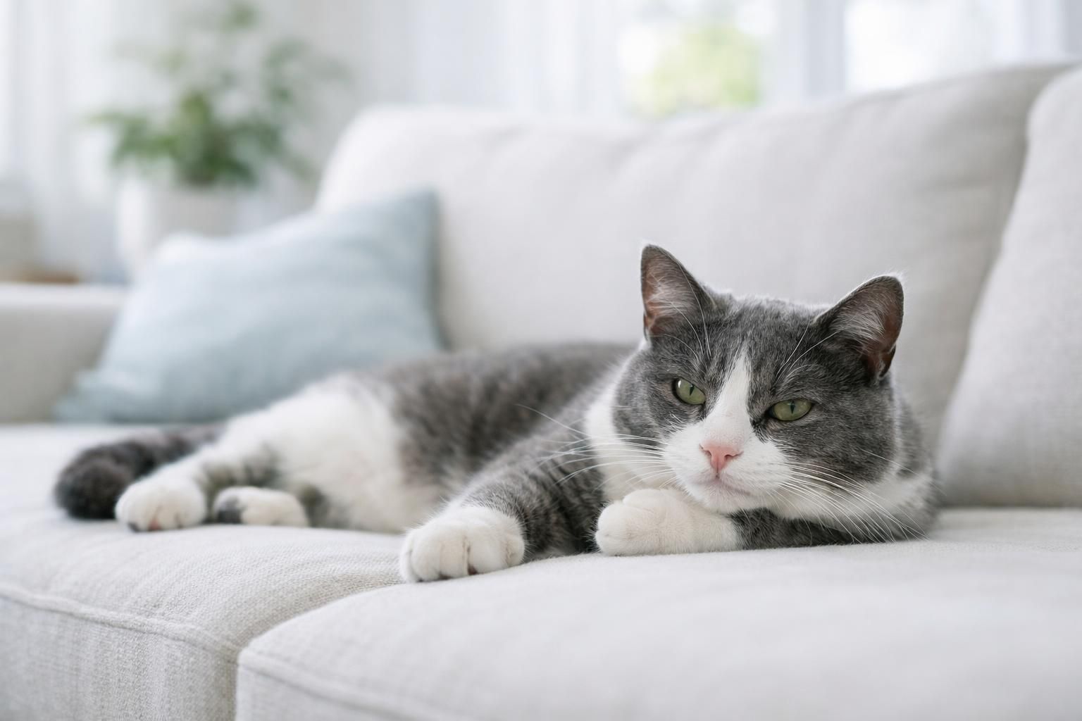 Chat gris et blanc en bonne santé détendu sur un canapé clair