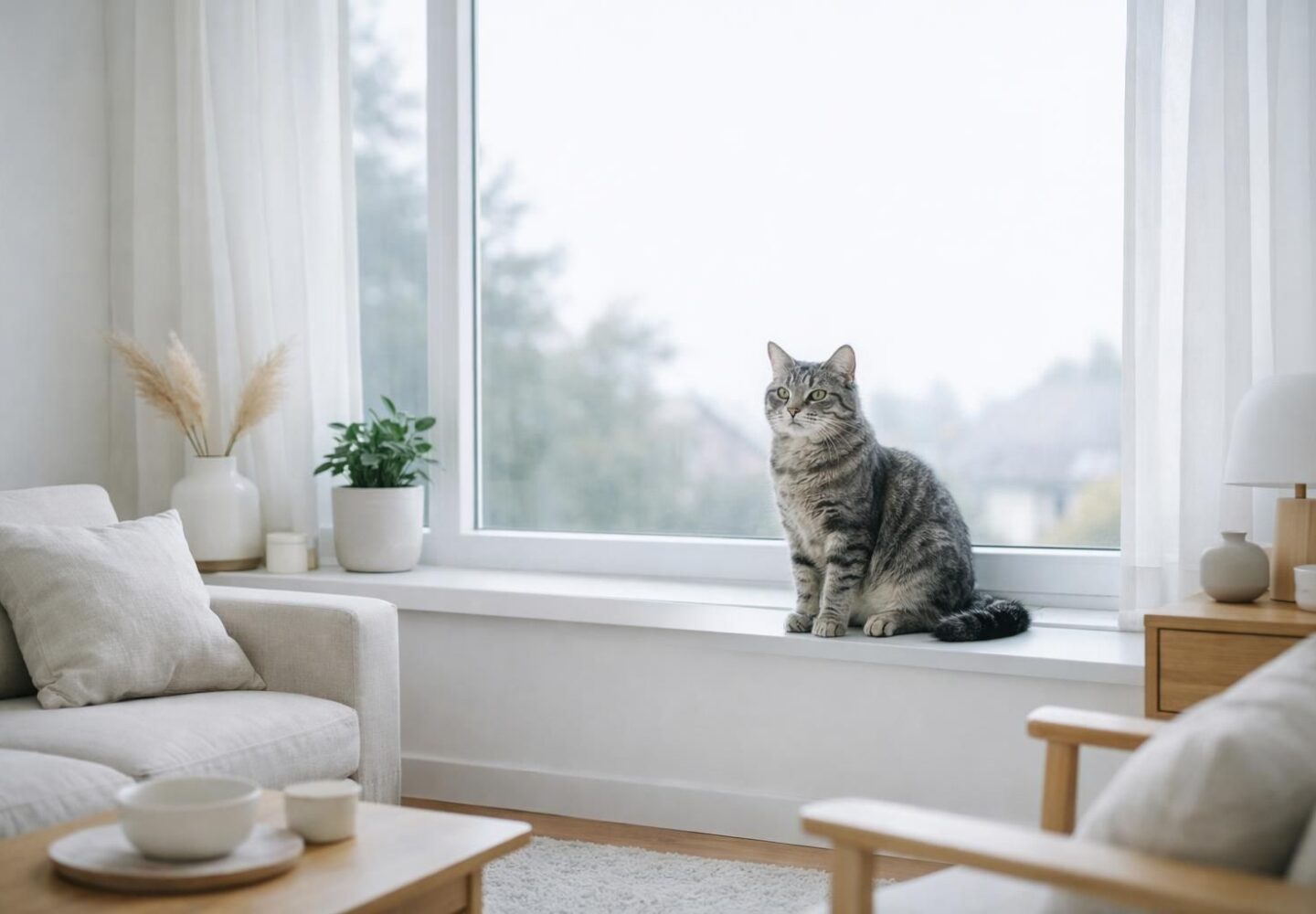 Chat tigré gris détendu sur un rebord de fenêtre dans un salon lumineux