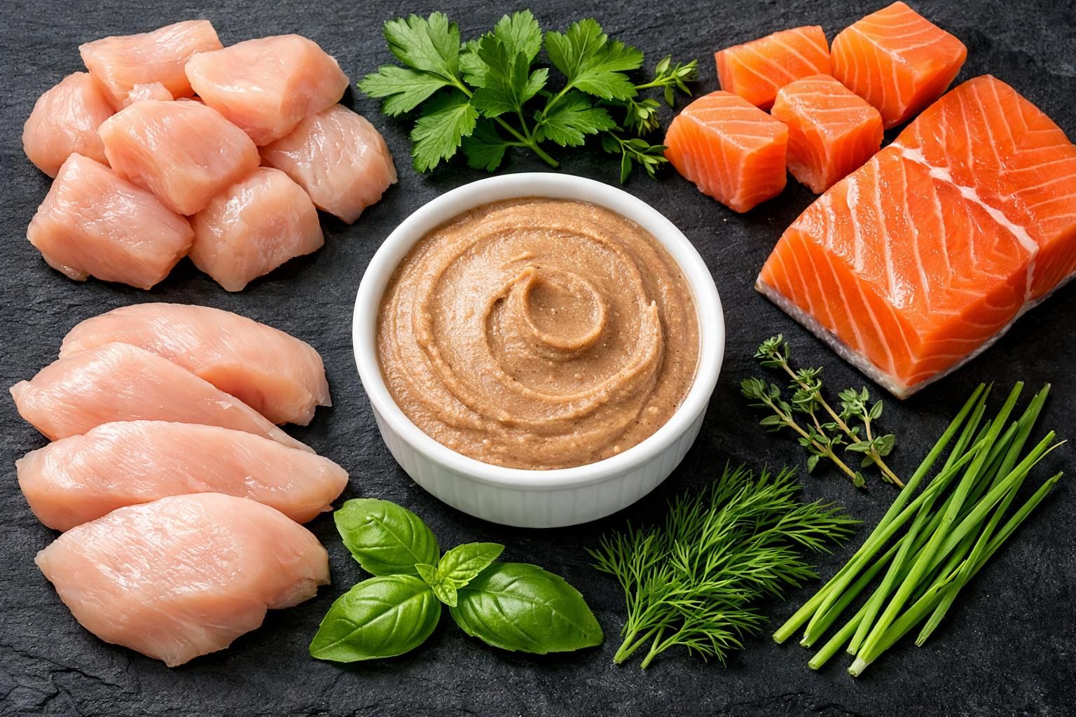 Pâtée pour chat et ingrédients frais poulet et saumon vus de dessus