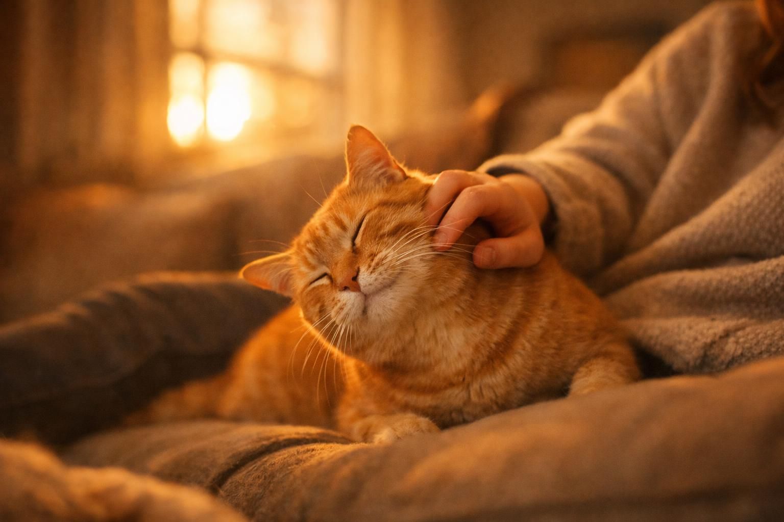 Chat roux se frottant contre la main de son propriétaire sur un canapé