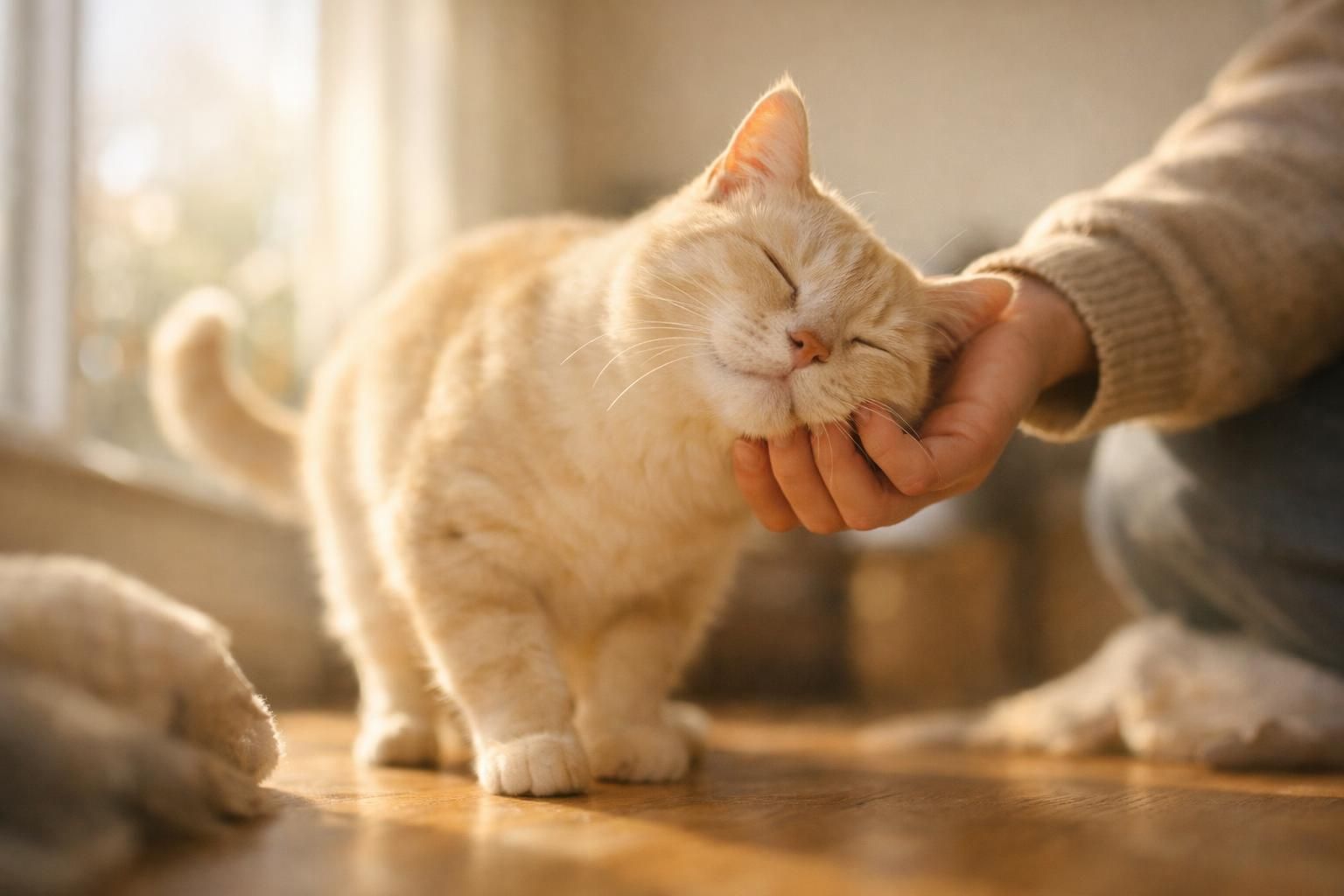 Chat crème en bonne santé se frottant à la main de son maître