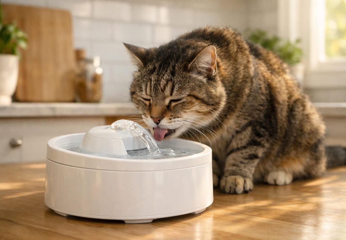 Chat senior buvant à une fontaine à eau, hydratation et fonction rénale