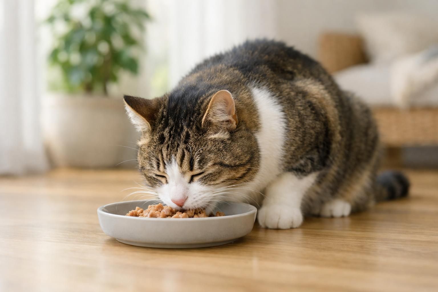 Chat mangeant calmement sa pâtée rénale à la maison