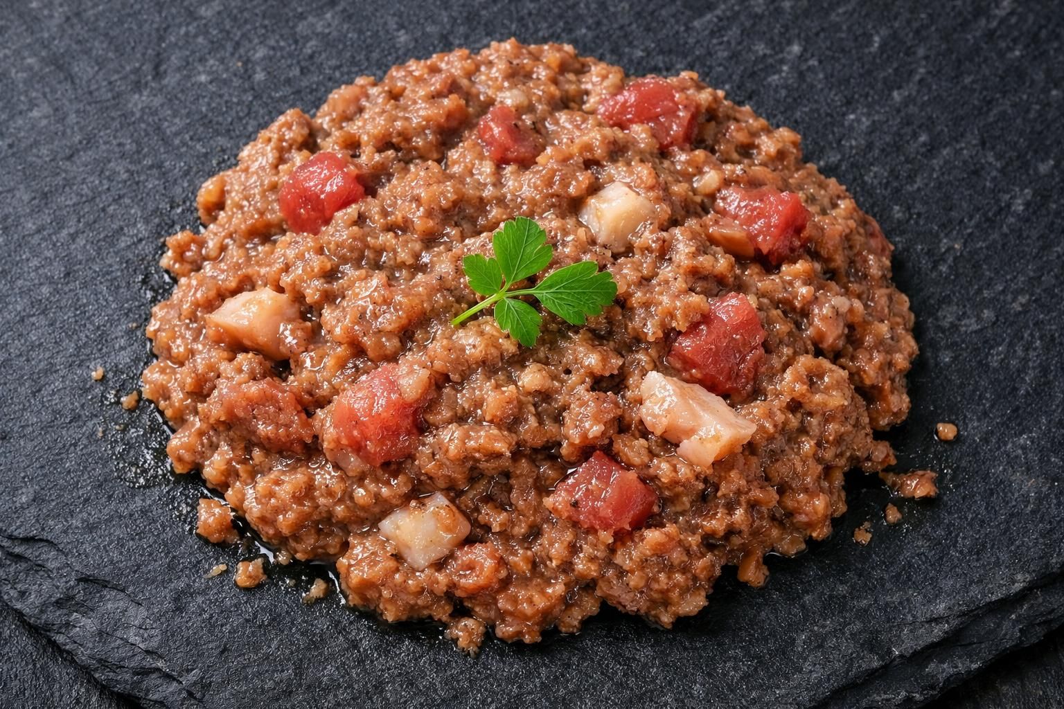 Pâtée sans céréales avec morceaux de viande et poisson frais vus de dessus