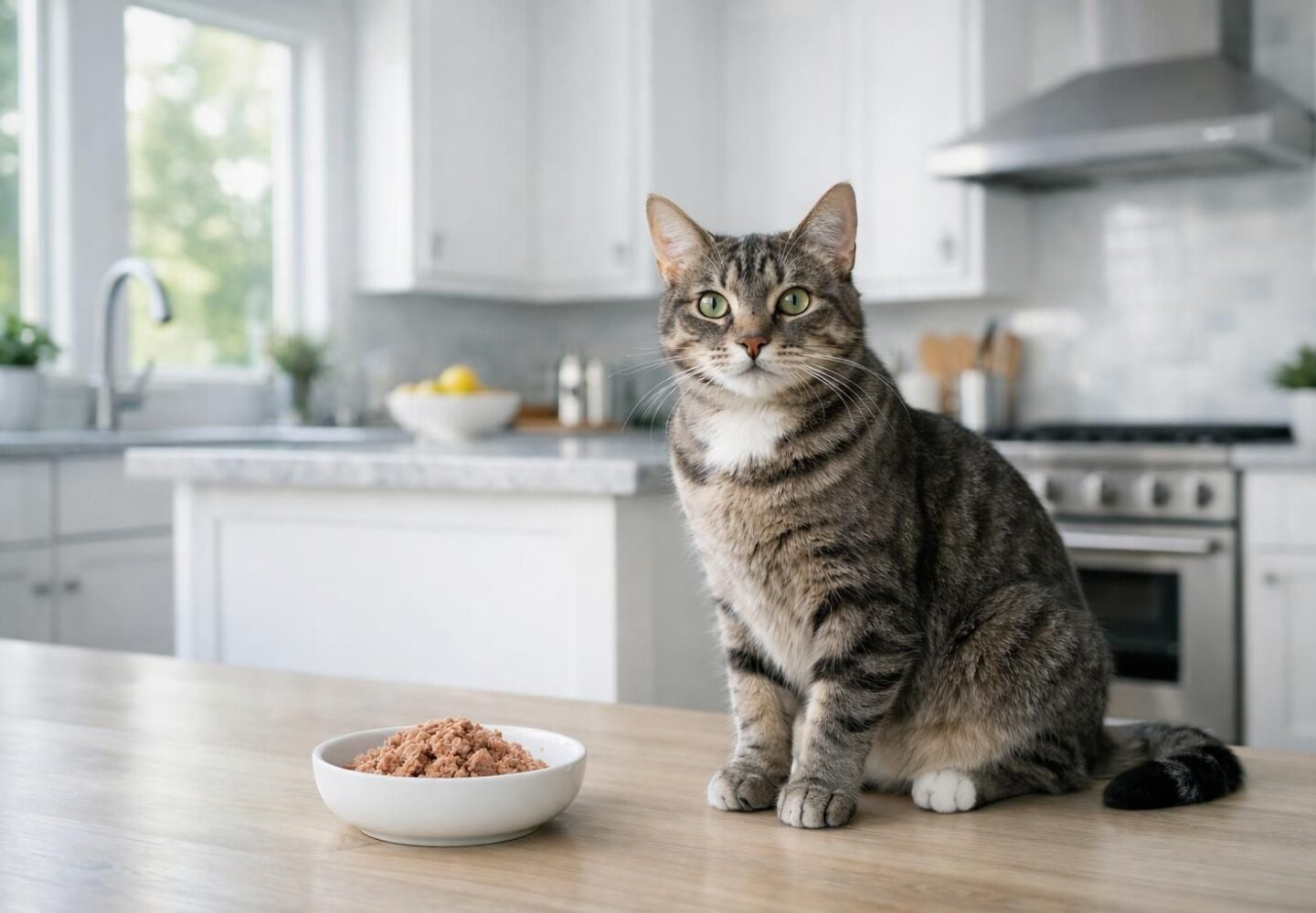 Chat élégant à côté d'une gamelle de pâtée sans céréales