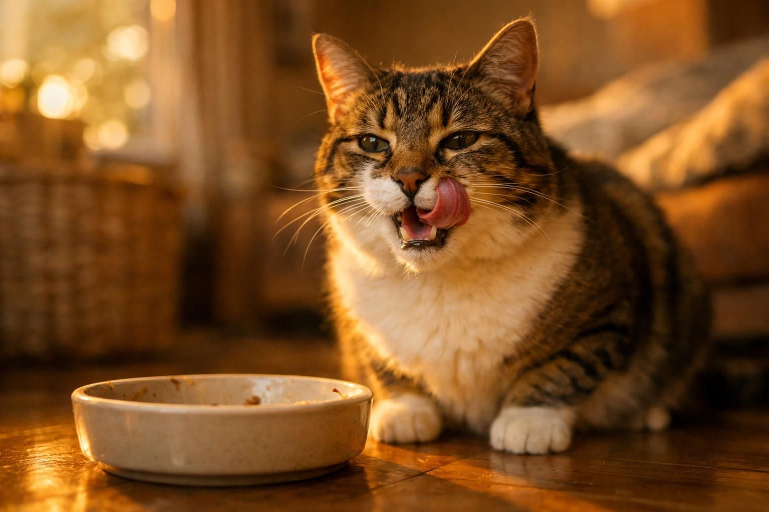 Chat se léchant les babines après son repas de pâtée