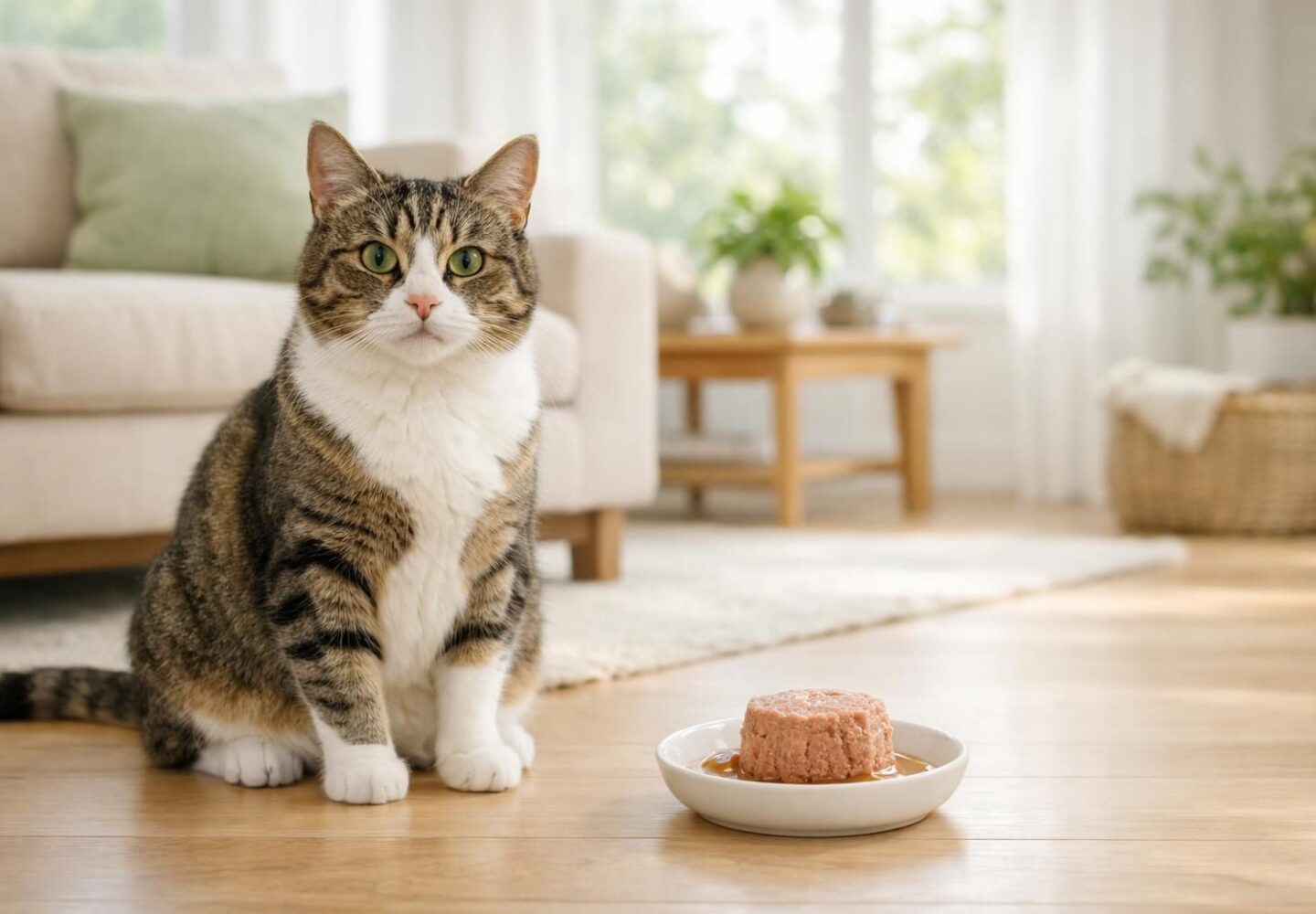 Chat en bonne santé à côté d'une gamelle de pâtée fraîche