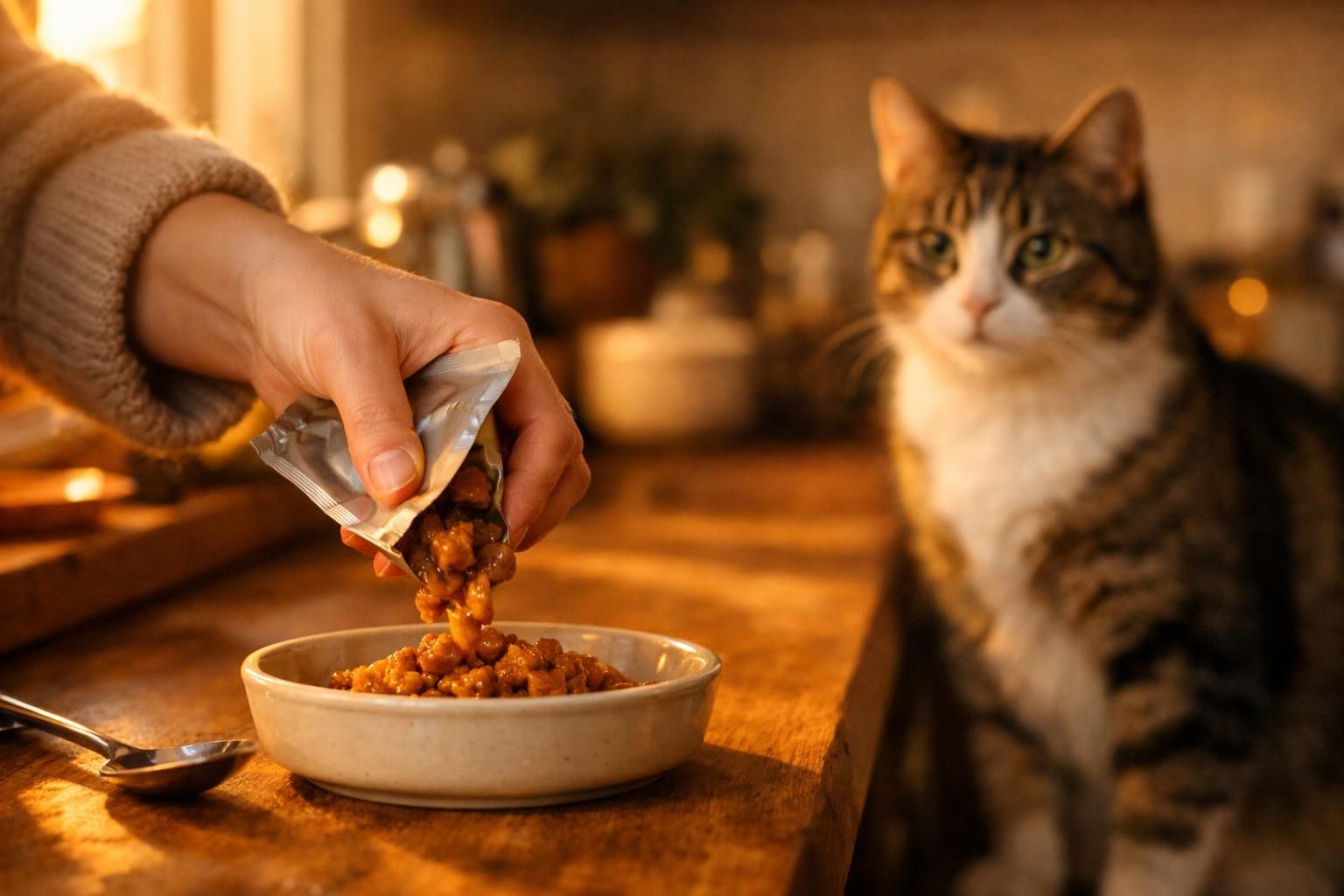Personne servant de la pâtée depuis un sachet fraîcheur à un chat