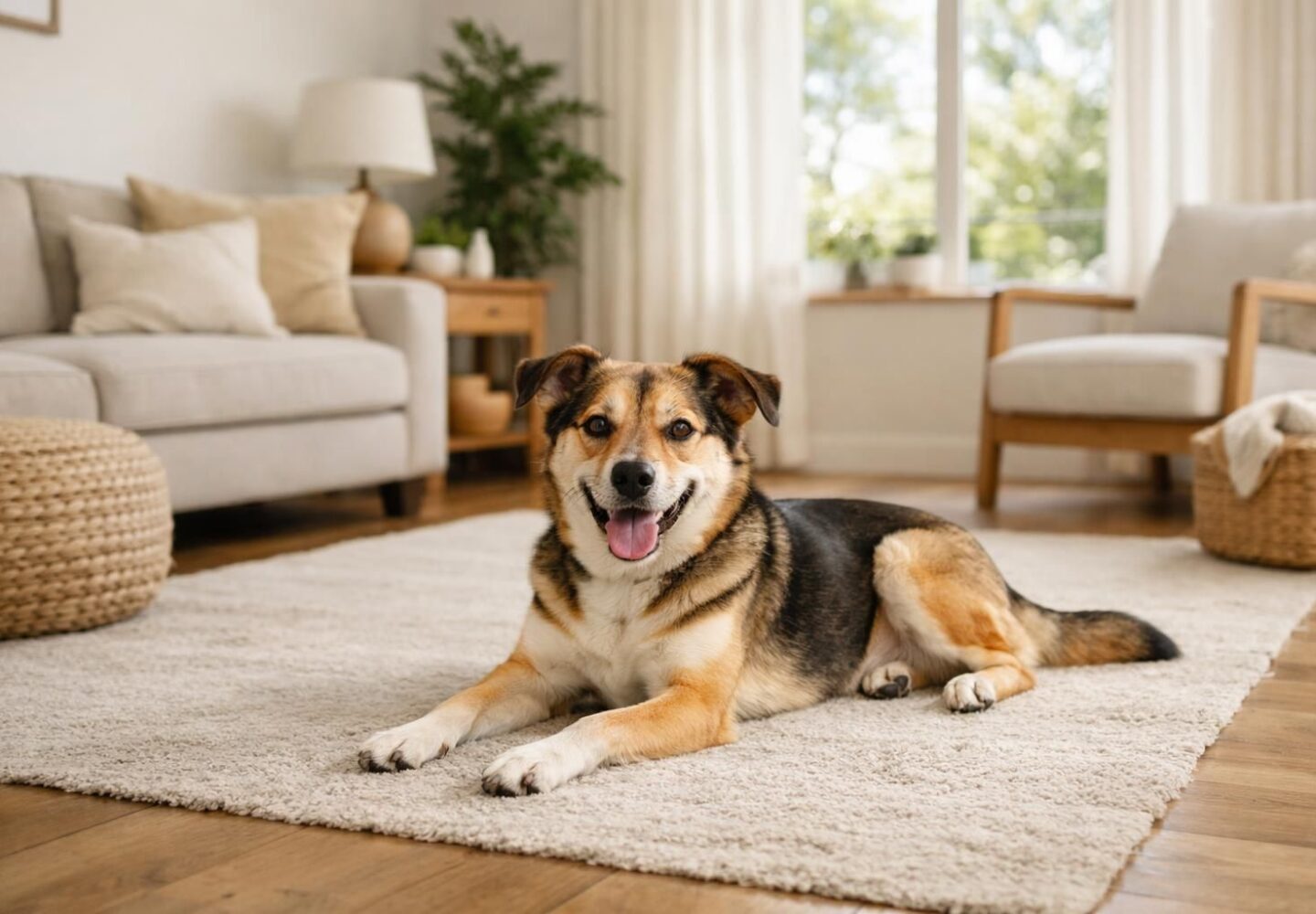 Chien en bonne santé détendu dans un salon lumineux