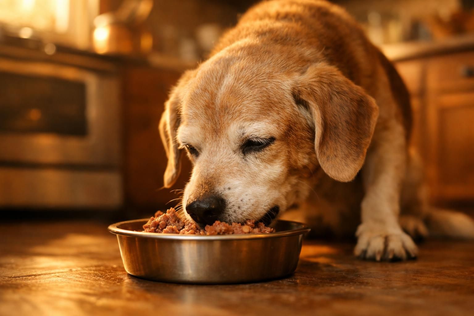 Chien senior mangeant facilement de la pâtée dans sa gamelle
