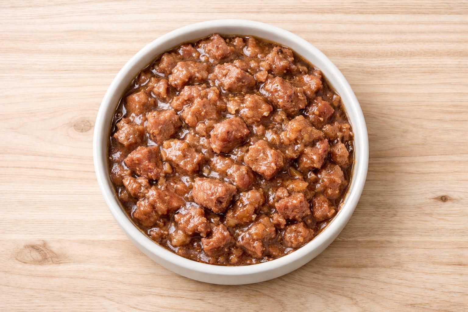 Gros plan de pâtée pour chien riche en morceaux de viande
