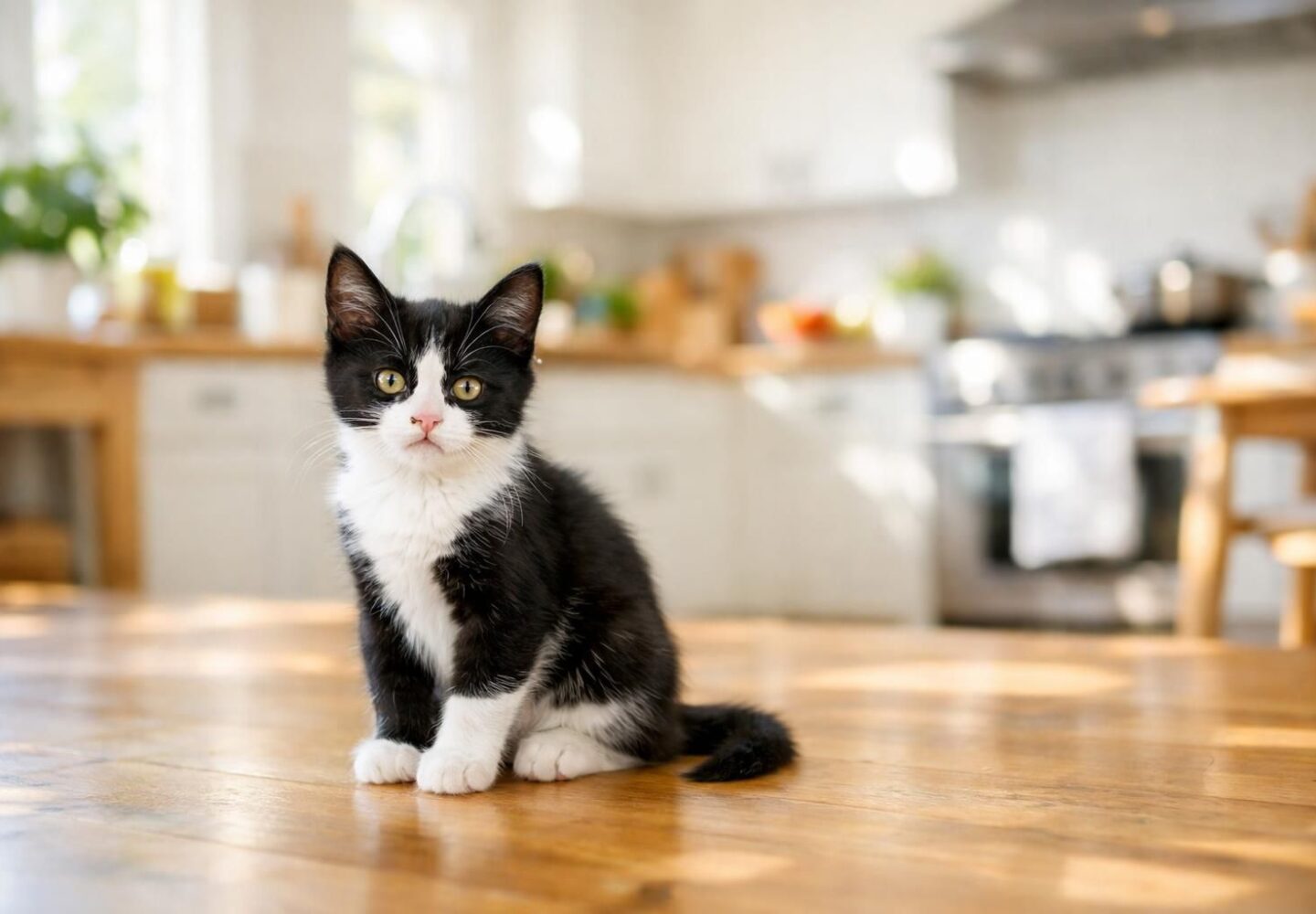 Chaton noir et blanc en bonne santé dans une cuisine lumineuse