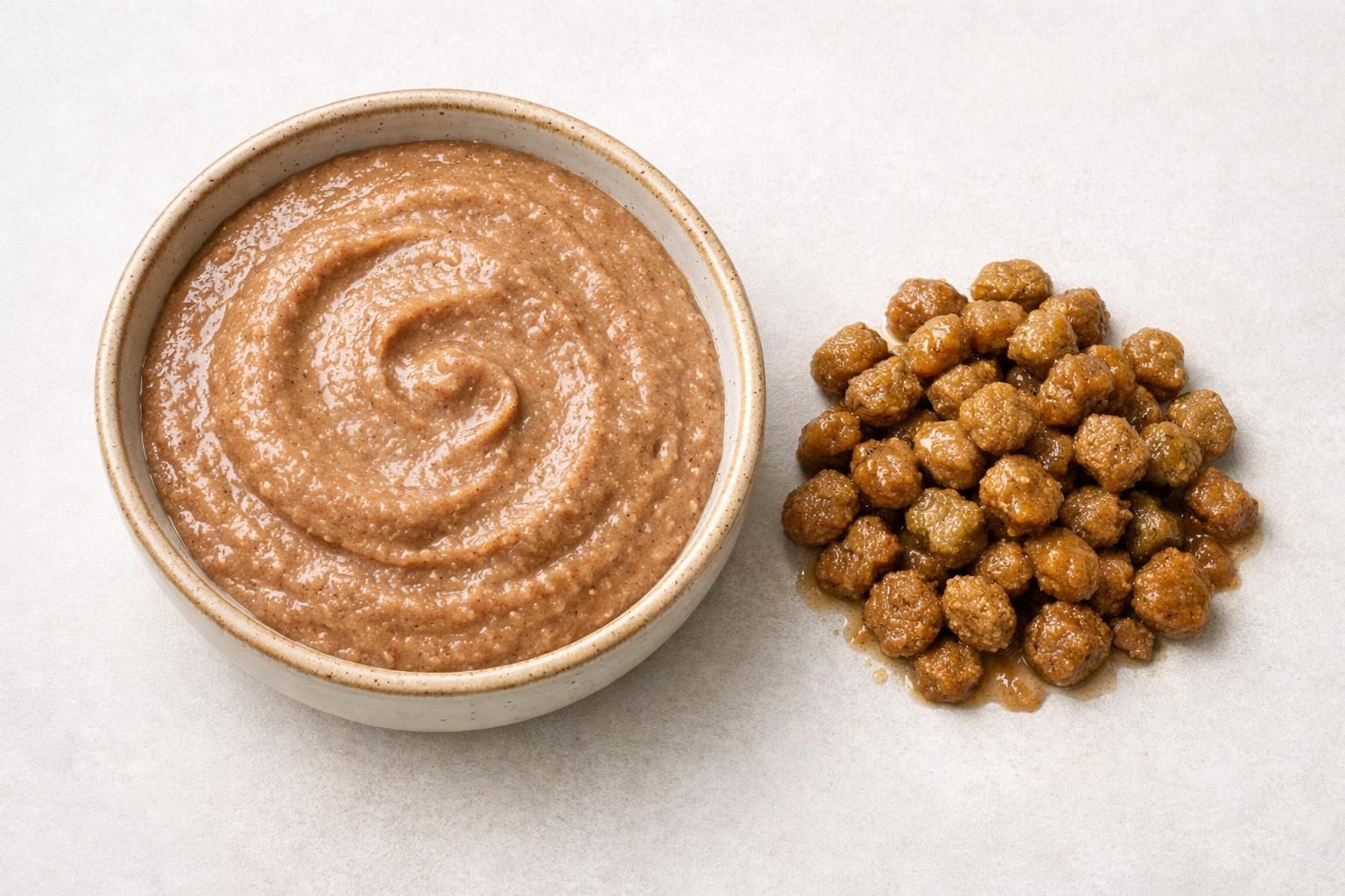 Gamelle de pâtée pour chat et croquettes réhydratées en bi-nutrition