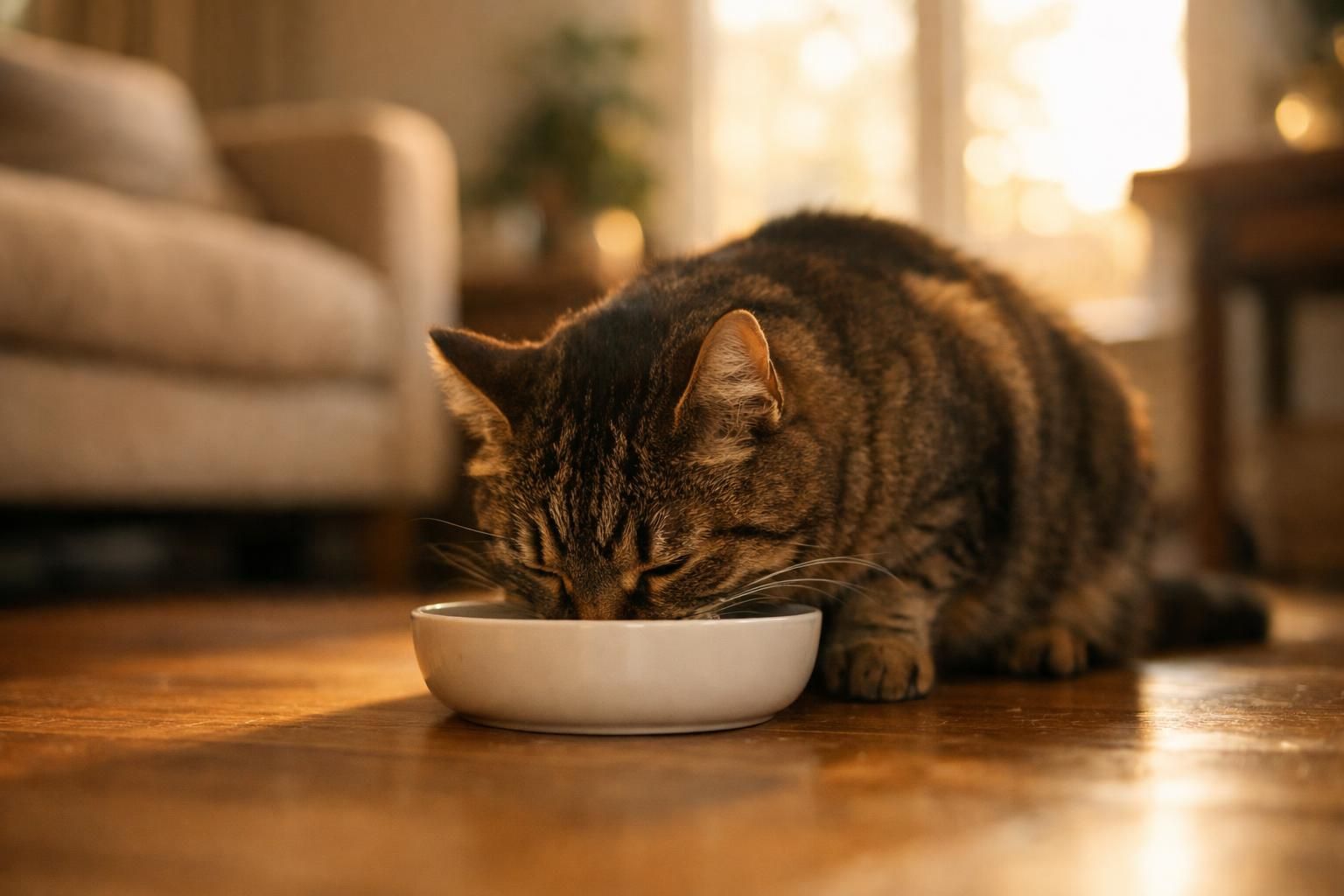 Chat tigré adulte mangeant tranquillement sa pâtée dans sa gamelle
