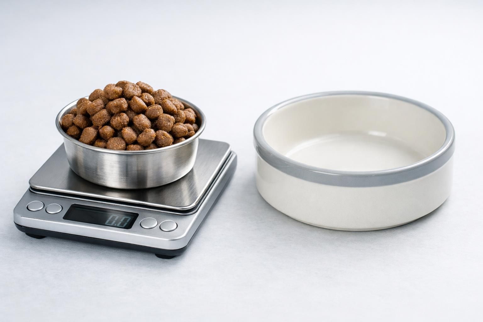 Portion de croquettes chiot pesée sur une balance de cuisine