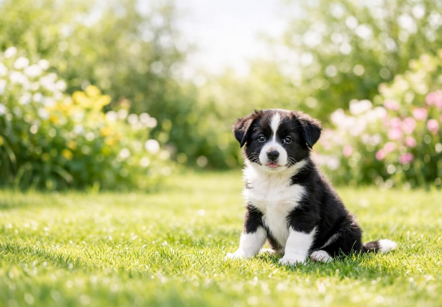 Chiot en bonne santé assis dans un jardin ensoleillé