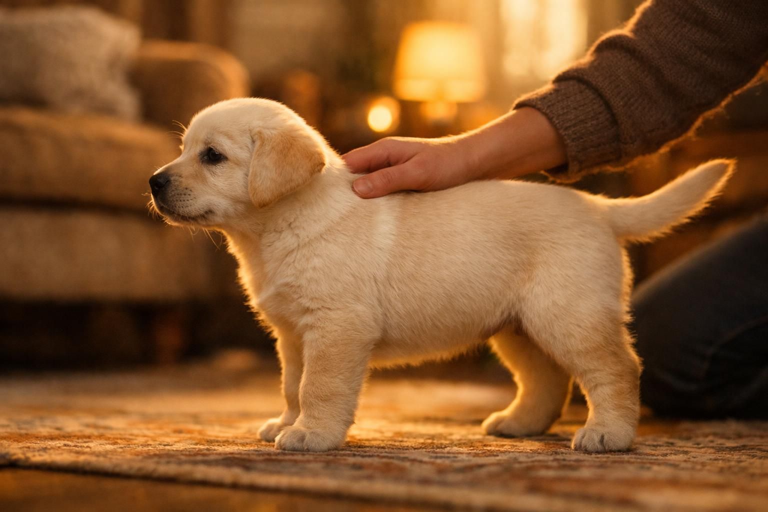 Jeune chien de profil dont on vérifie la silhouette et l'état corporel