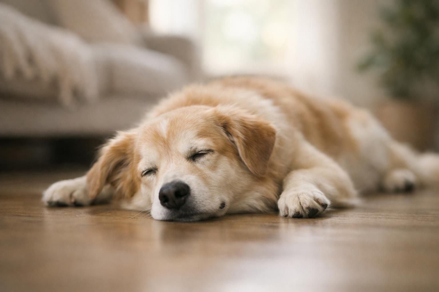 Chien apaisé et détendu au repos après un régime alimentaire adapté