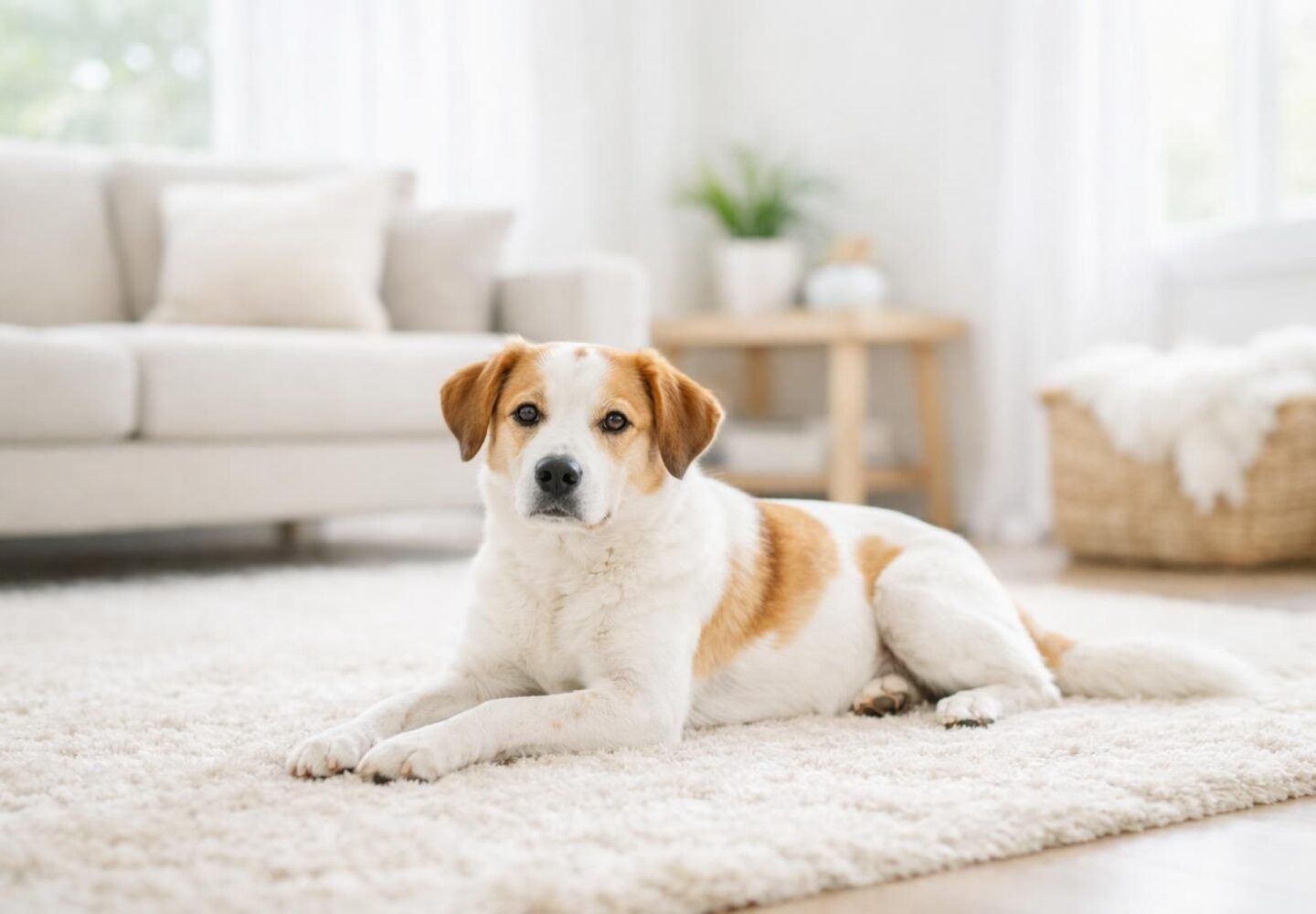 Chien détendu et en bonne santé au repos dans un salon lumineux