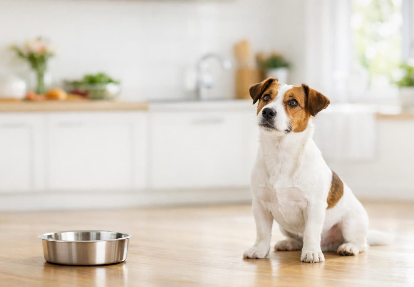 Chien en bonne santé attendant son repas dans la cuisine