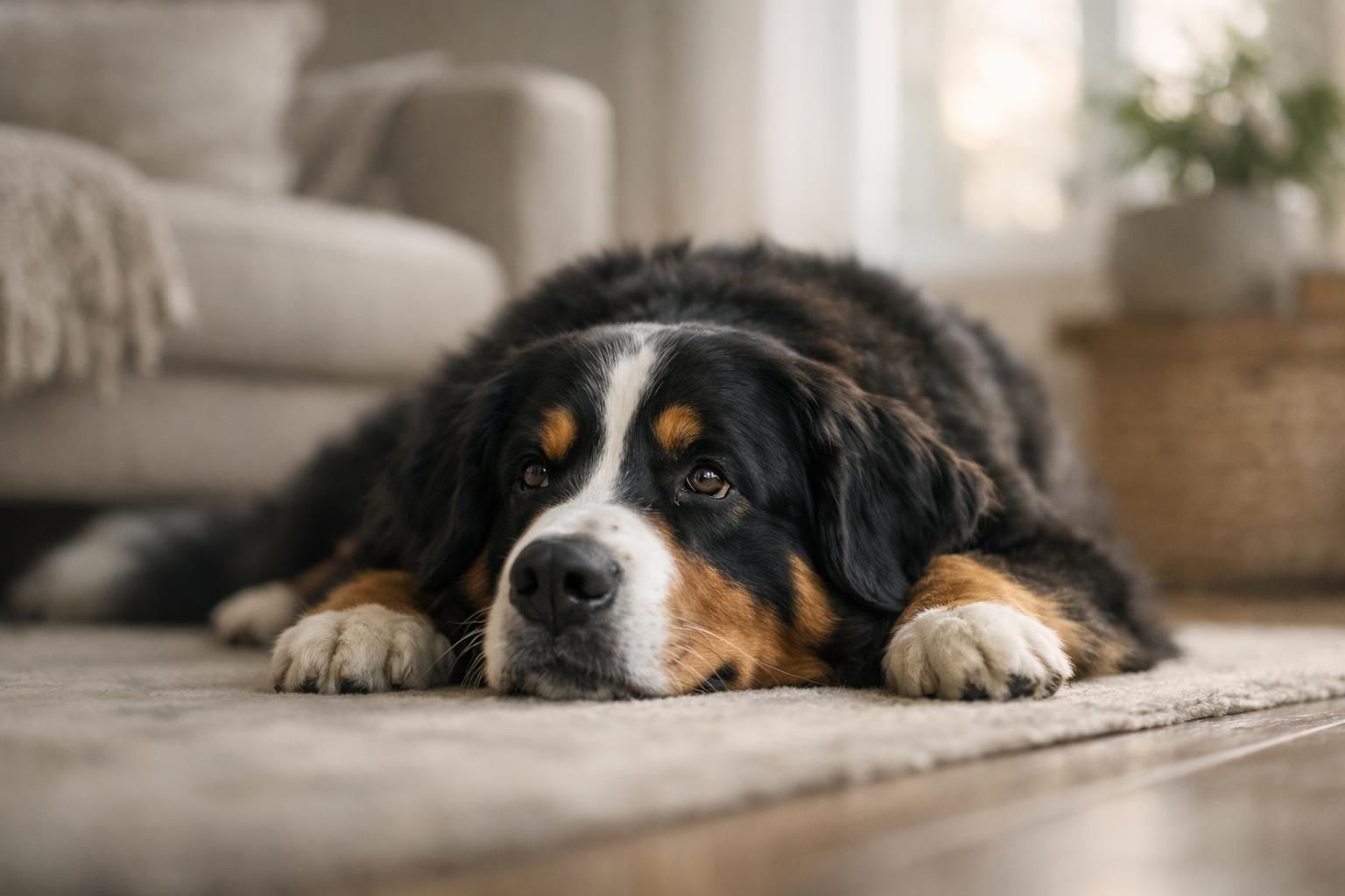 Grand chien attendant calmement son repas dans un intérieur lumineux