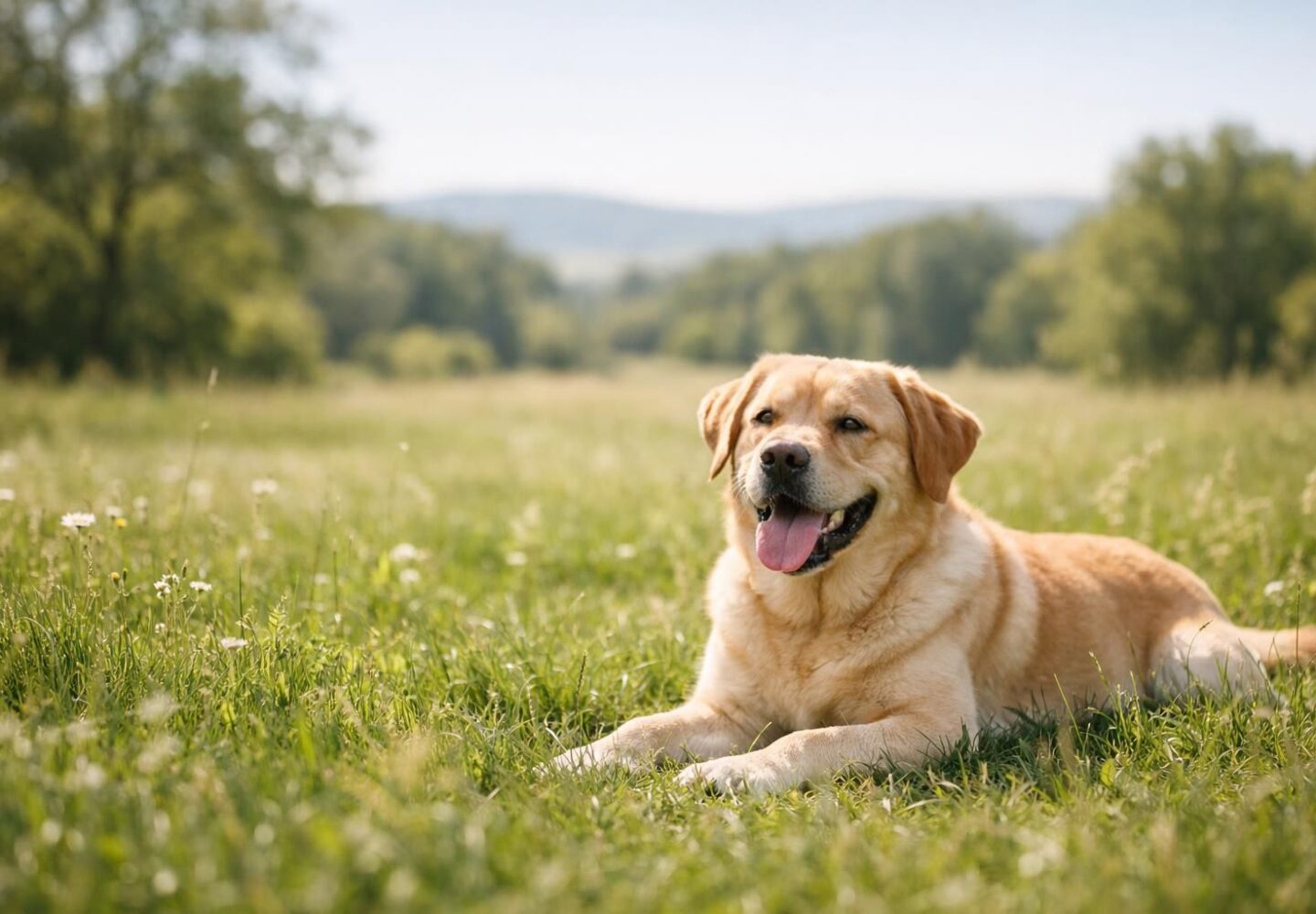 Chien en bonne santé détendu dans une prairie ensoleillée