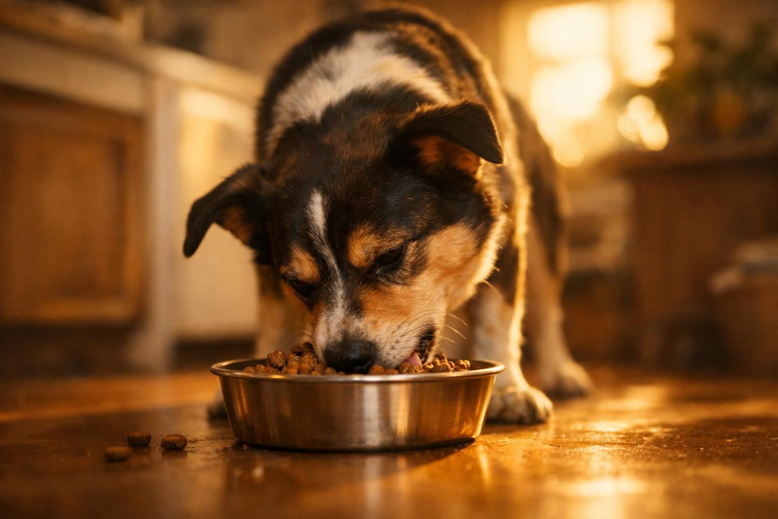 Chien qui savoure ses croquettes à l'agneau avec appétit