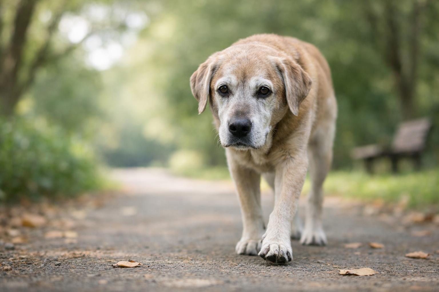 Chien senior serein en balade tranquille dans un parc au calme