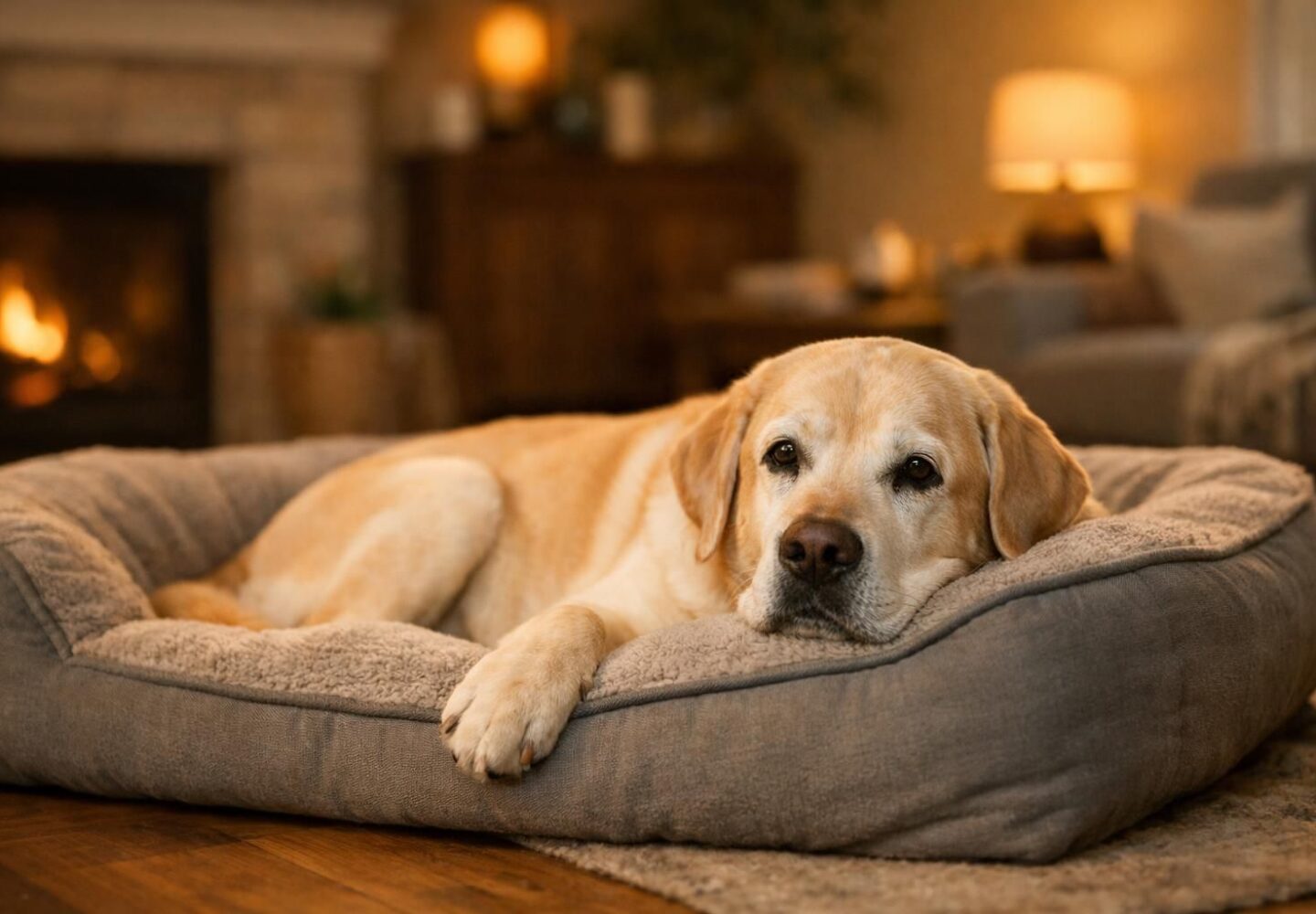 Chien senior au museau grisonnant reposant au calme dans un salon